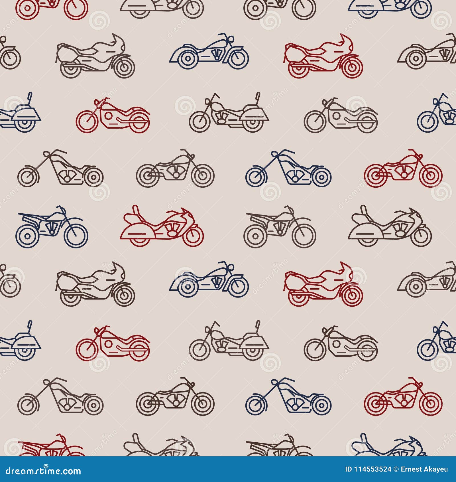 Seamless Pattern with Motorcycles of Different Models Drawn with