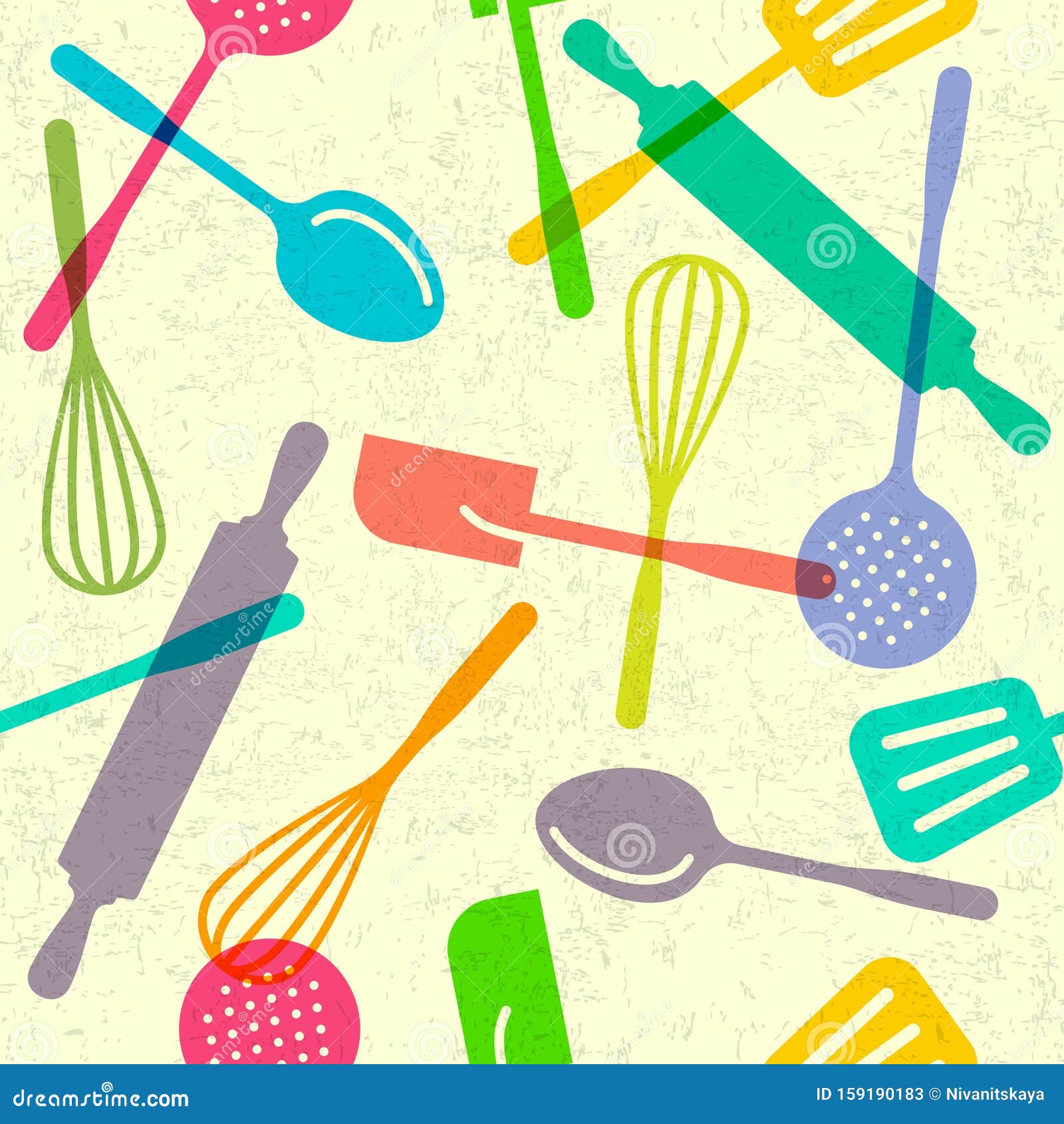 Seamless Pattern For Multi Color Utensils. Kitchen Spatula, Skimmer ...