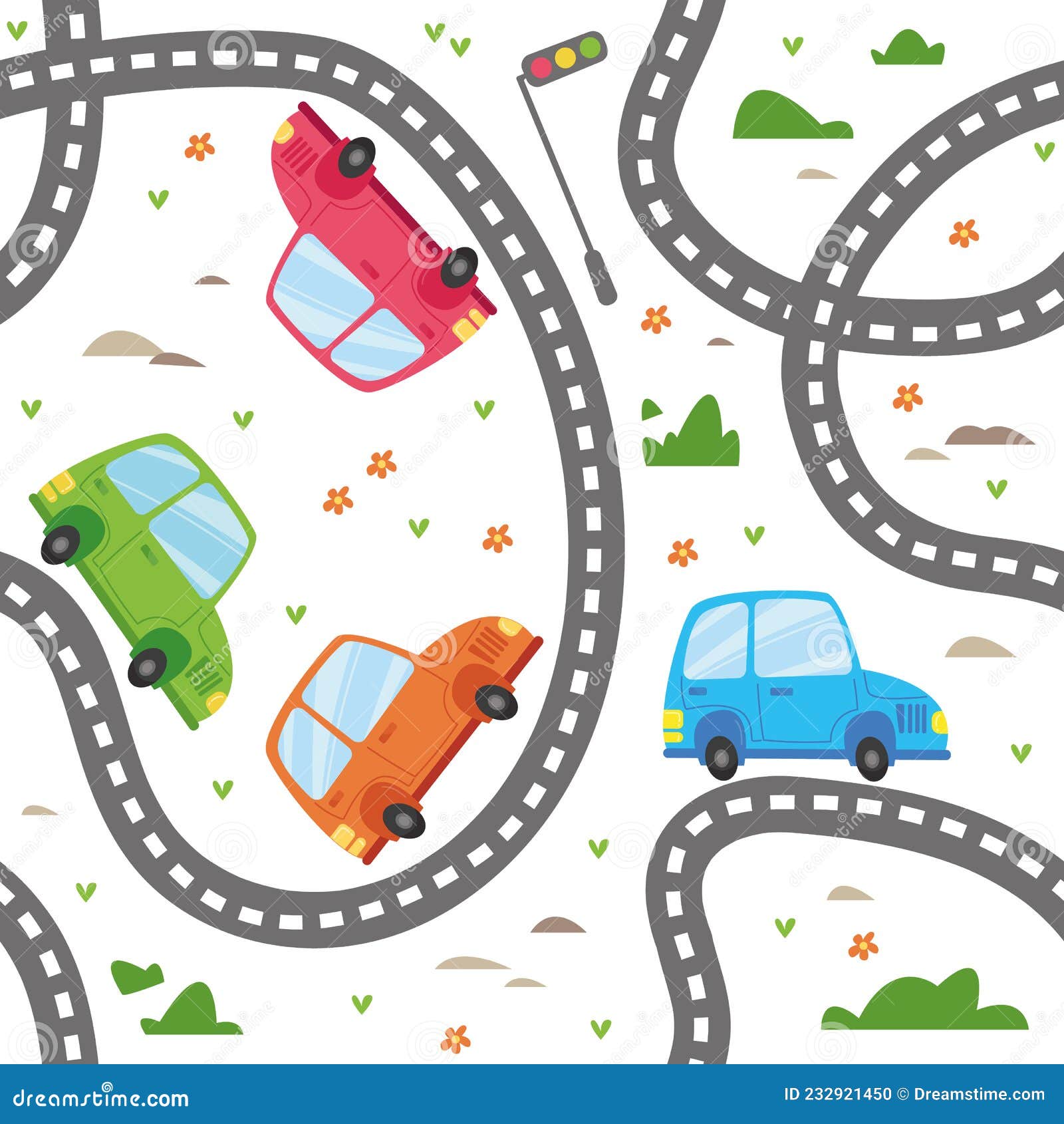 Seamless Pattern with Multicolored Cartoon Cars and Road. Amusing Multi-colored  Cars are Driving Along the Track among Stock Vector - Illustration of tree,  childrens: 232921450