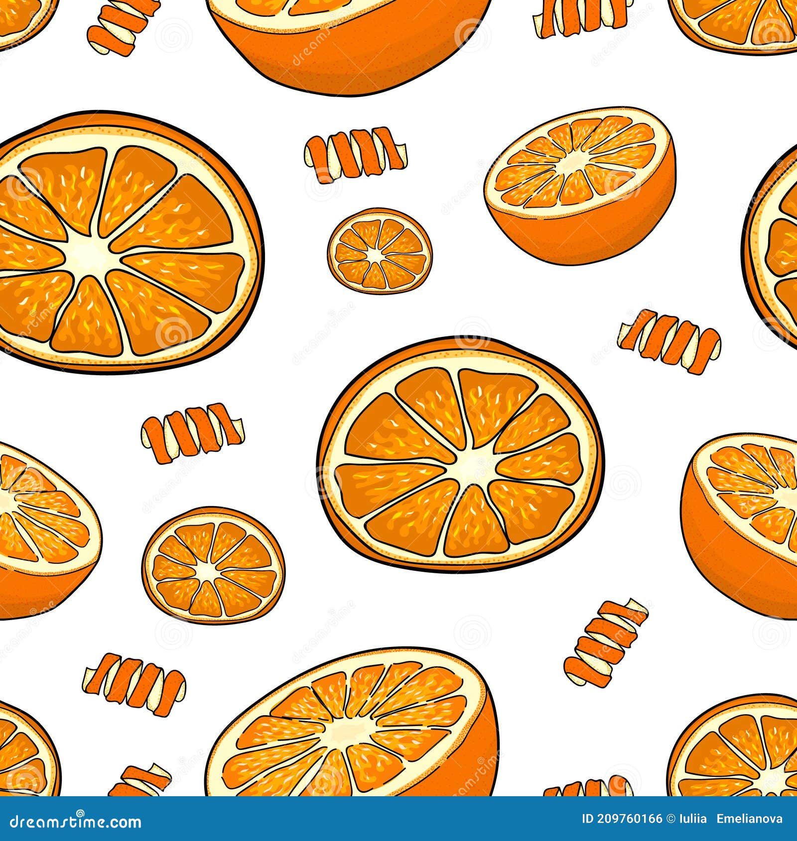 Seamless Pattern of Orange Slices and Orange Peel. White Background
