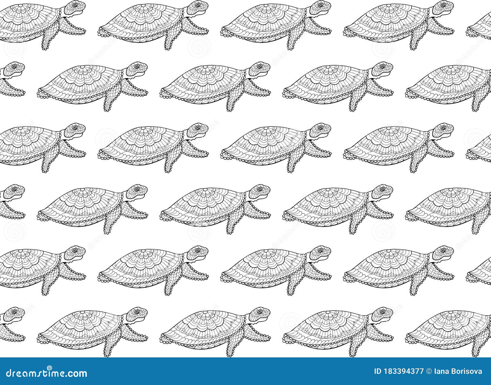 Seamless Pattern Of Ornamental Sea Turtles In Zentangle Style On A