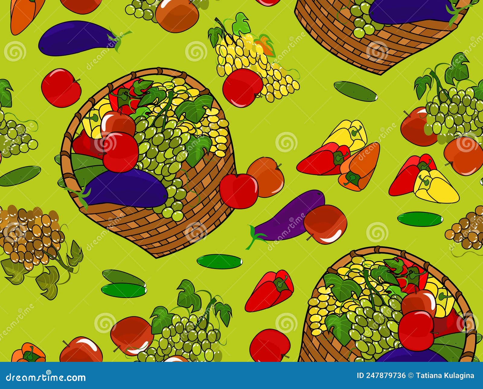 Seamless Pattern with Painted Fruit Baskets on a Bright Green