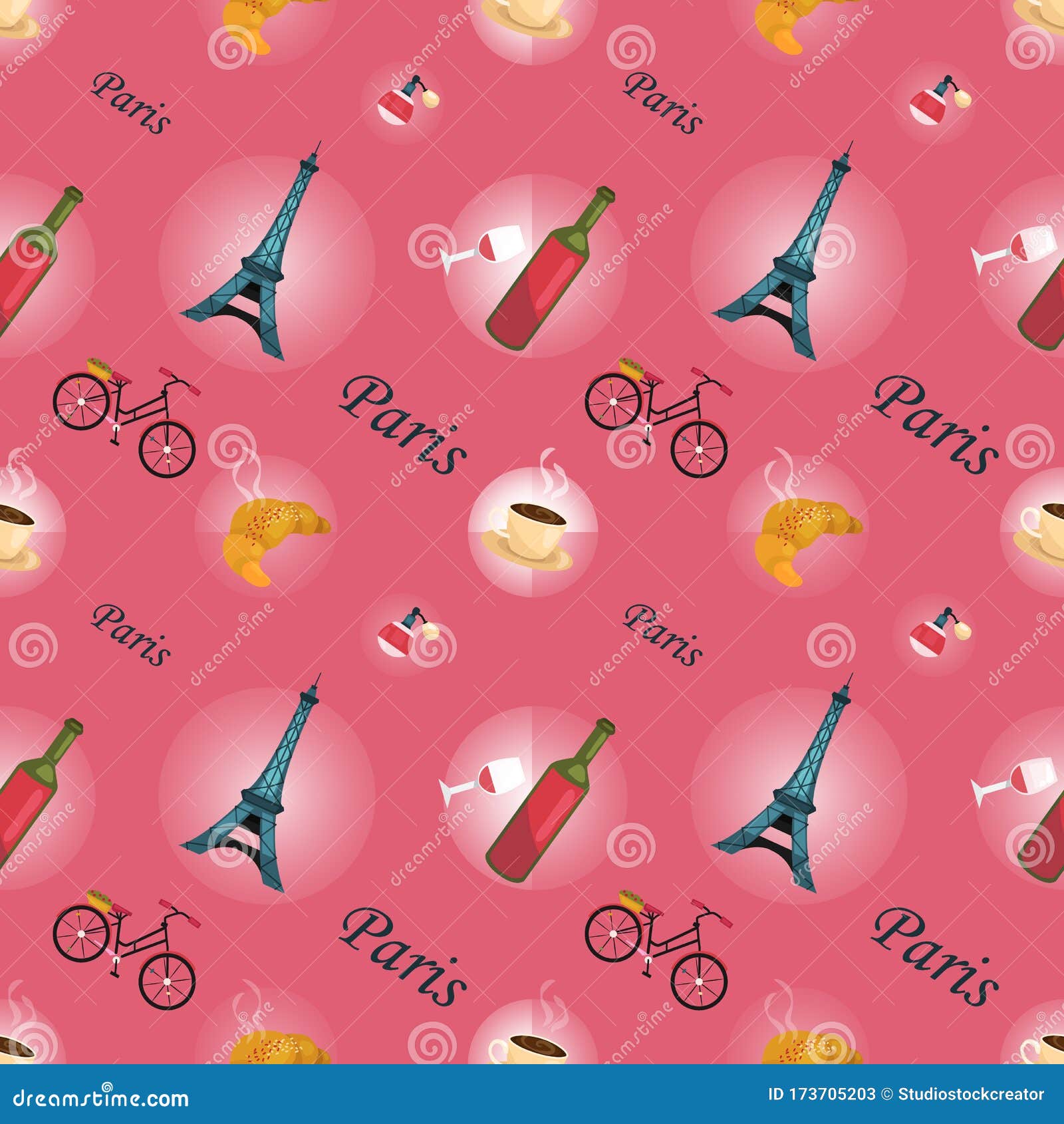 Seamless Pattern of Paris with Wine, Coffee, Croissant, Perfume, Bicycle  and Famous Landmarks. Can Be Used for Wallpaper Stock Vector - Illustration  of fabric, bicycle: 173705203