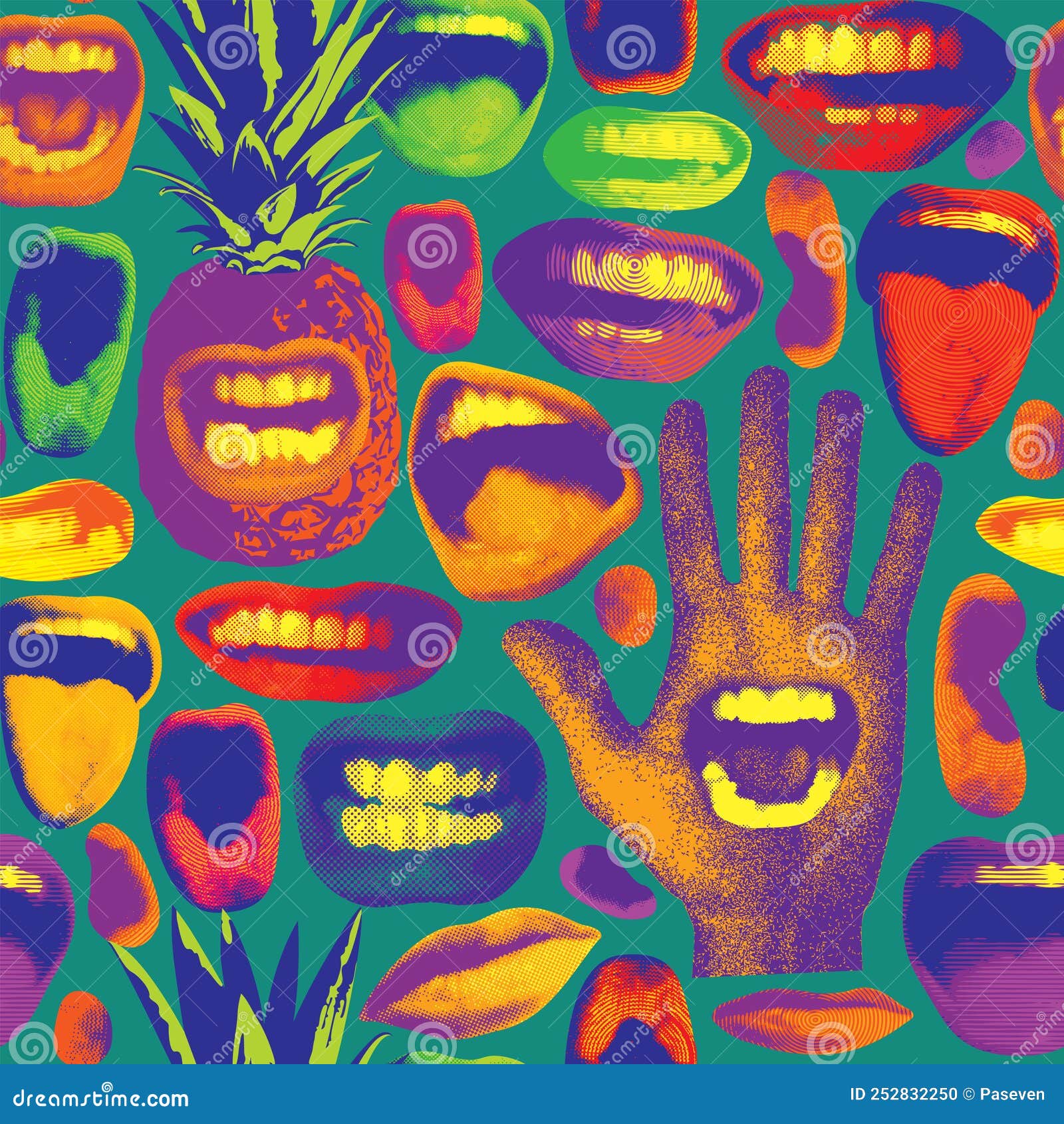 seamless pattern with pineapples, human mouths and palm hand