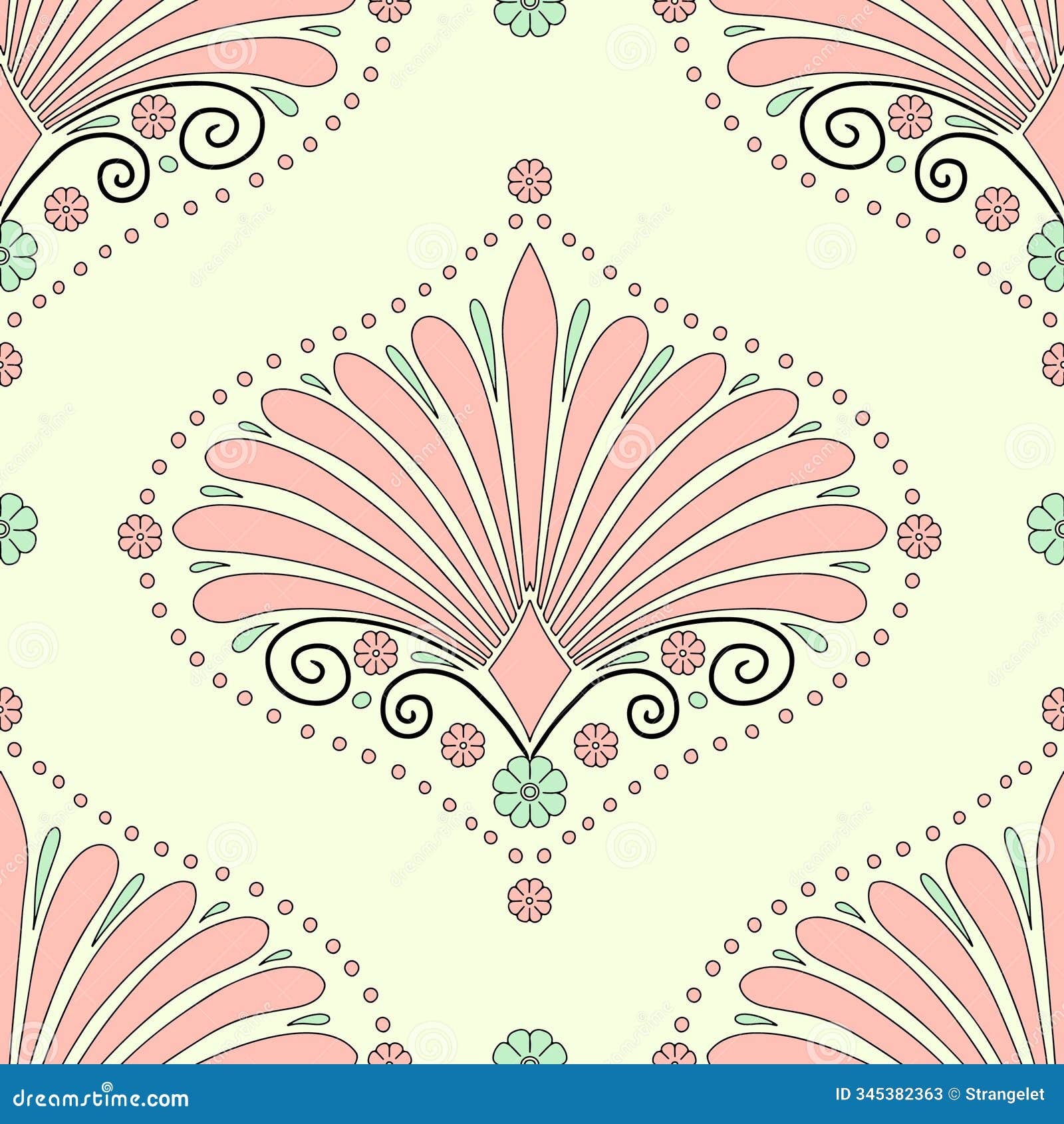 seamless pattern with pink floral ogee and anthemion geometrical motifs on a cream background