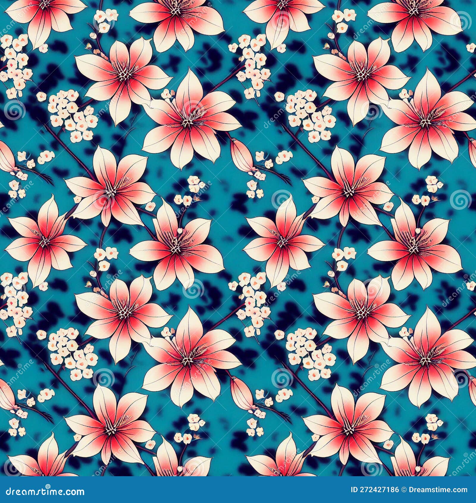 Seamless Pattern with Pink Flowers on Blue Background. Stock Photo