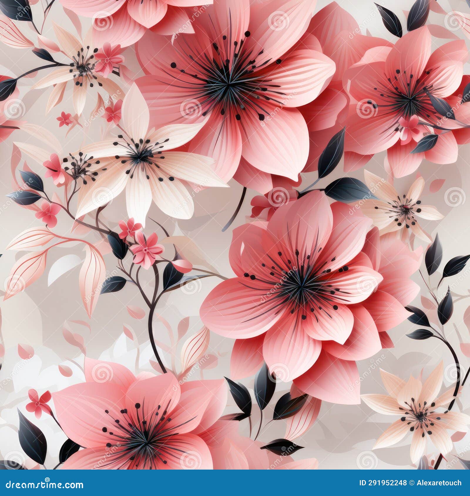 Seamless Pattern of Pink Flowers on a Pastel Background. Stock