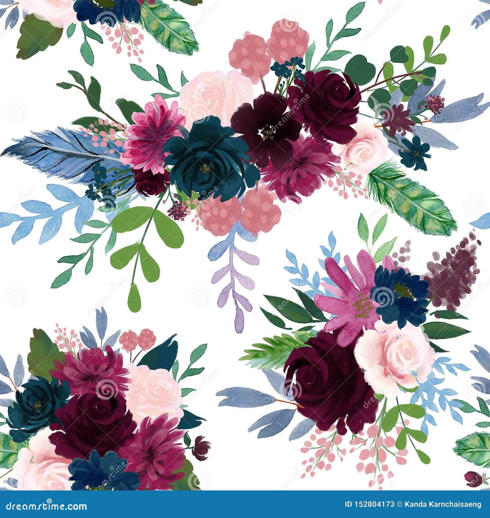 Seamless Pattern with Pink Red Burgundy Marsala Navy Blue Flowers and  Leaves Floral Feathers Pattern for Wallpaper Stock Illustration -  Illustration of hand, background: 152804173