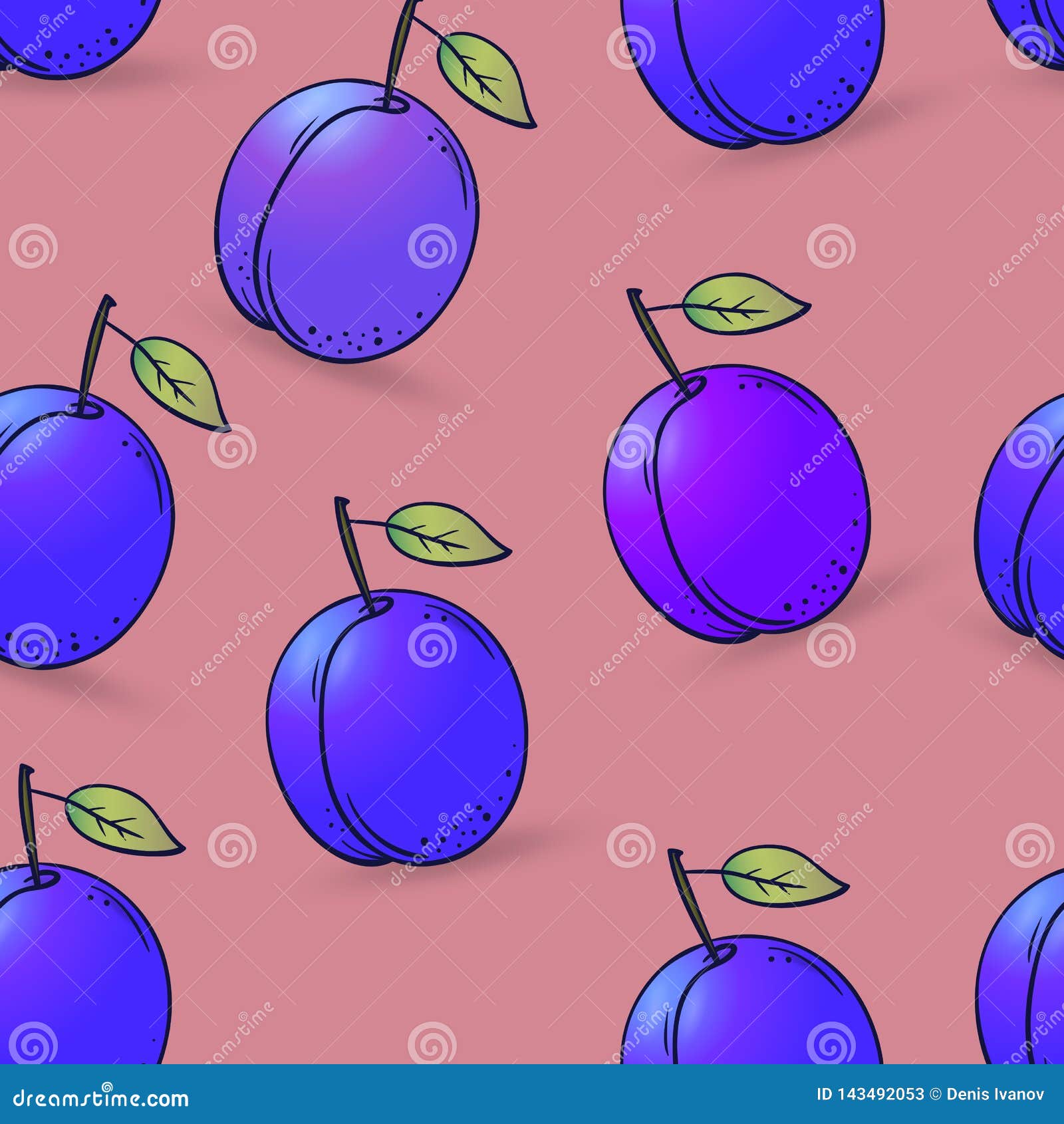 Seamless Pattern of Plum with Leaves Stock Vector Illustration of