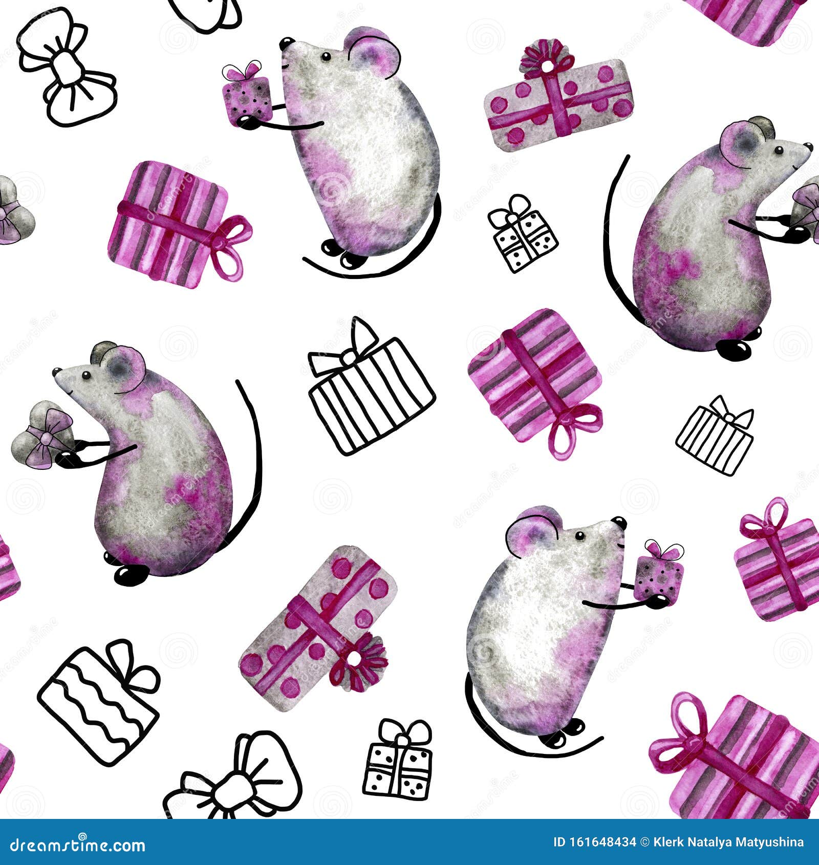 seamless pattern with rat, mouse,  of new year and christmas 2020. watercolor pattern for  background