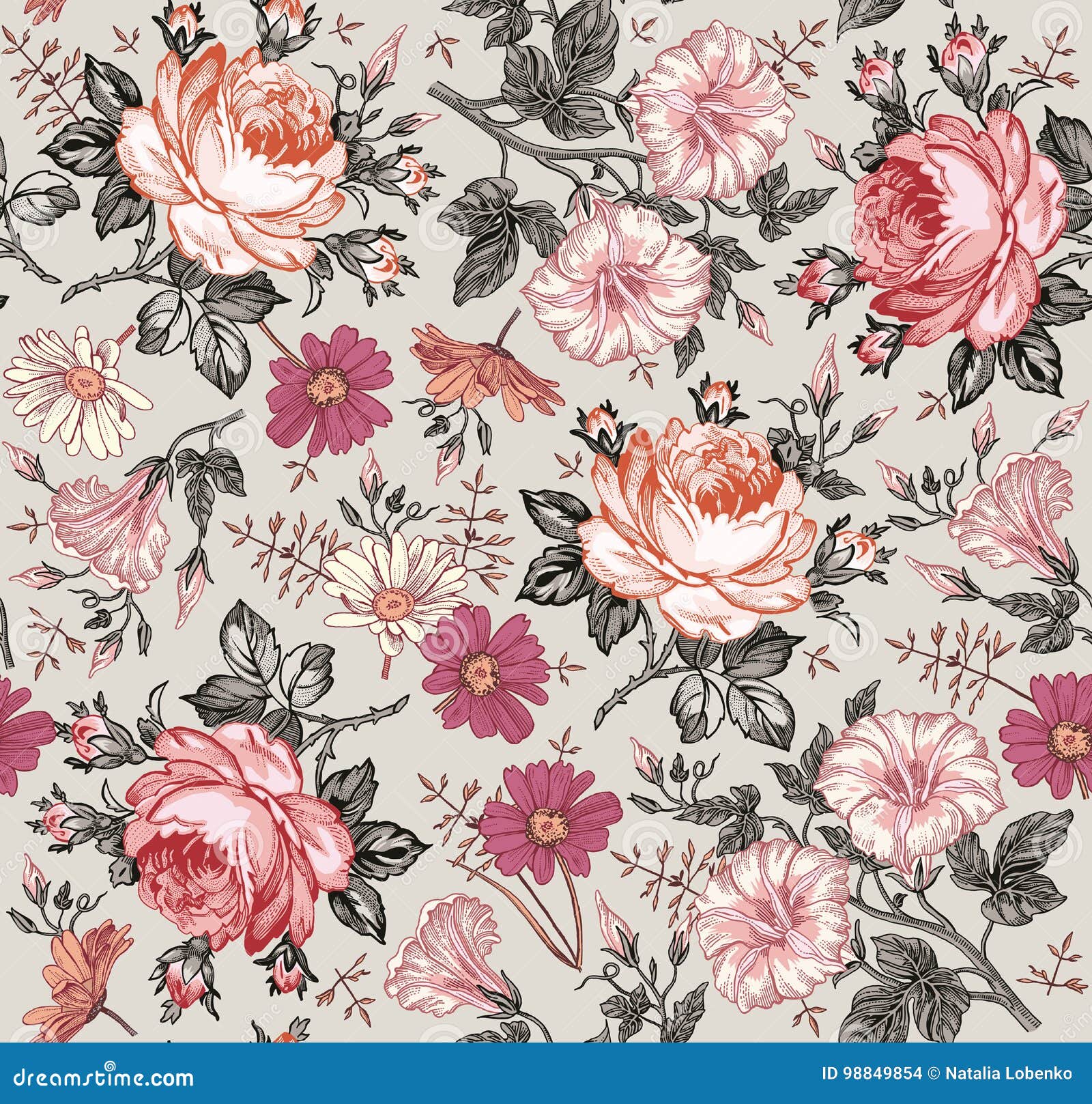 seamless pattern. realistic  flowers. vintage background. chamomile rose petunia wildflowers drawing engraving 