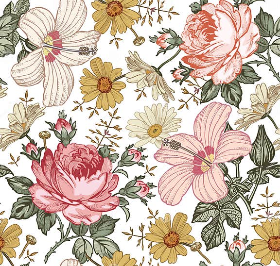 Seamless Pattern. Realistic Isolated Flowers. Vintage Background ...