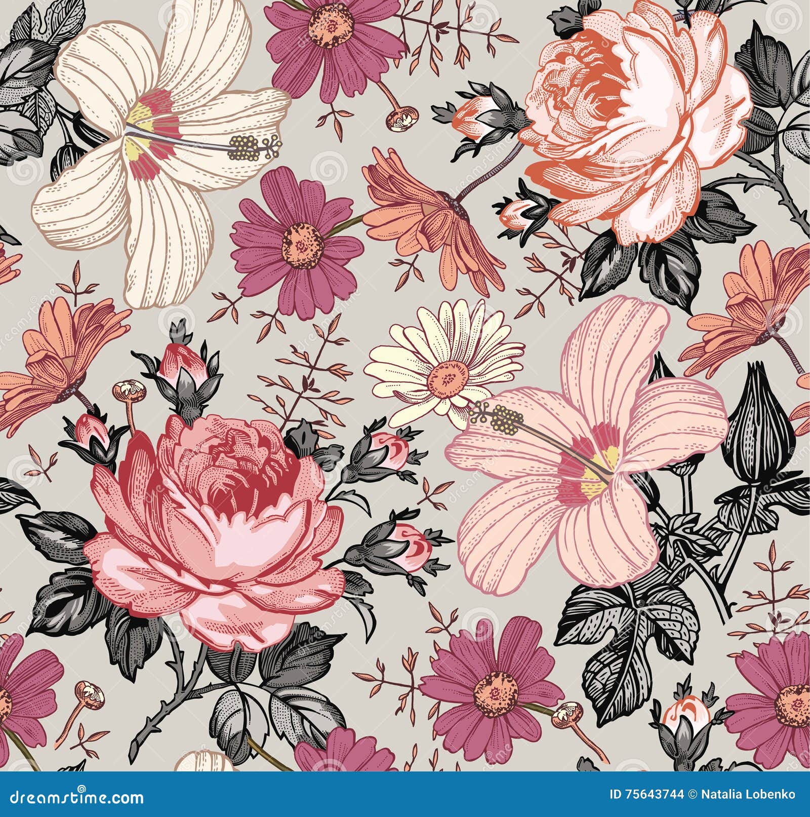 Seamless Pattern. Realistic Isolated Flowers. Vintage Background. Chamomile Rose Hibiscus Mallow ...