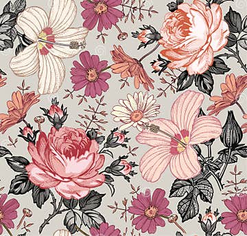 Seamless Pattern. Realistic Isolated Flowers. Vintage Background ...