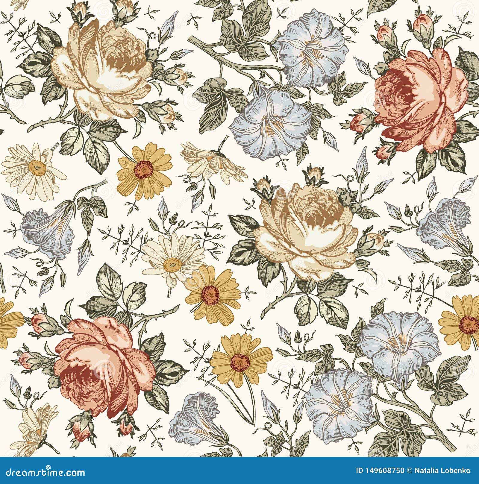 Seamless Pattern Realistic Isolated Flowers Vintage Background ...