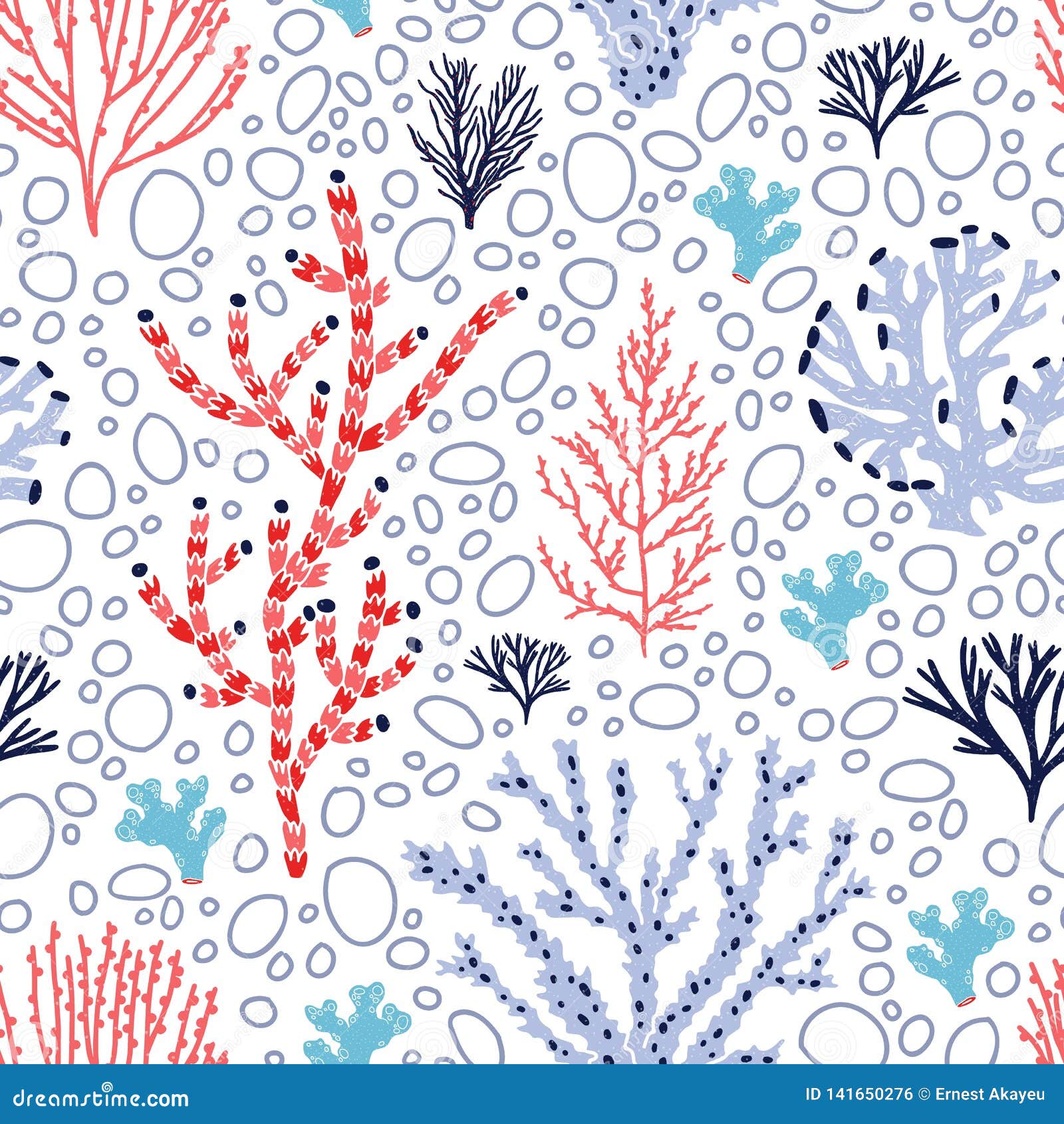 seamless pattern with red and blue corals and seaweed on white background. backdrop with tropical aquatic species, sea