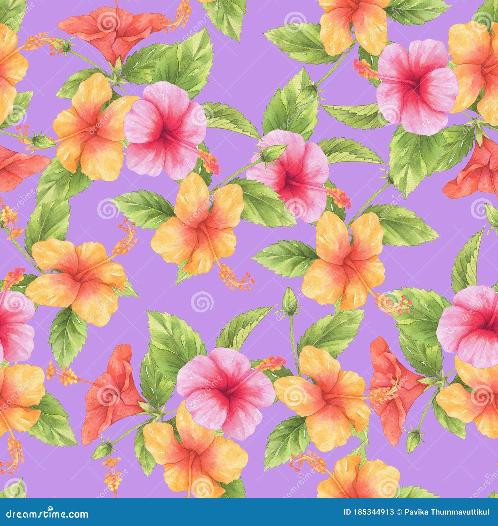 Hibiscus Flower Watercolor Pattern on Purple Wallpaper Stock Illustration -  Illustration of leaf, accessories: 185344913