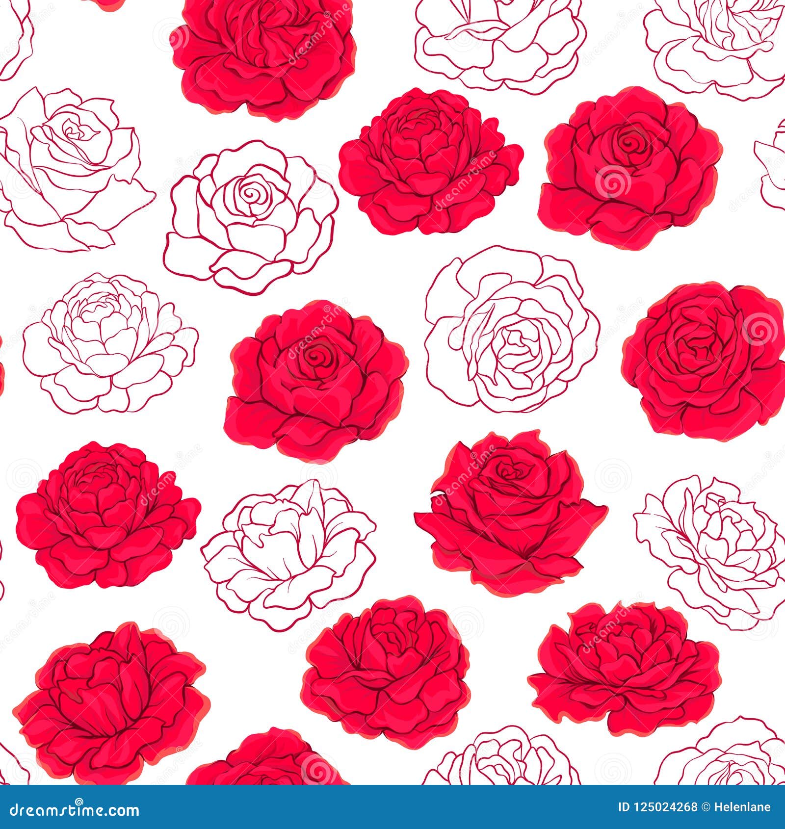 Seamless Pattern With Red Roses Background Isolated On White Ba Stock Vector Illustration Of Bloom Outline 125024268