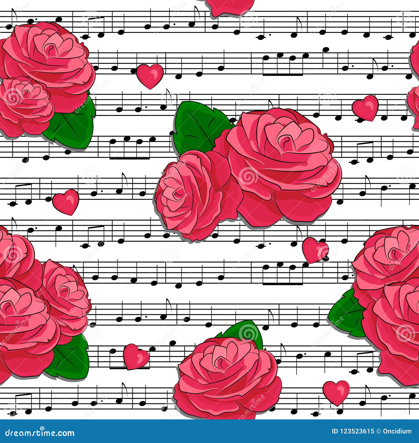 Seamless Pattern with the Red Roses and Music Notes. Stock Vector