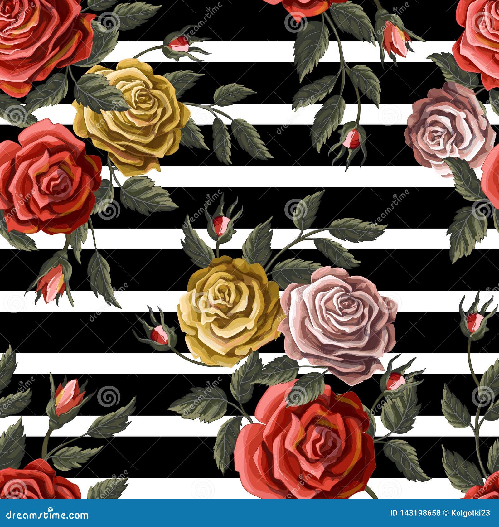 Seamless Pattern with Red Roses on Striped Background. Vector. Stock