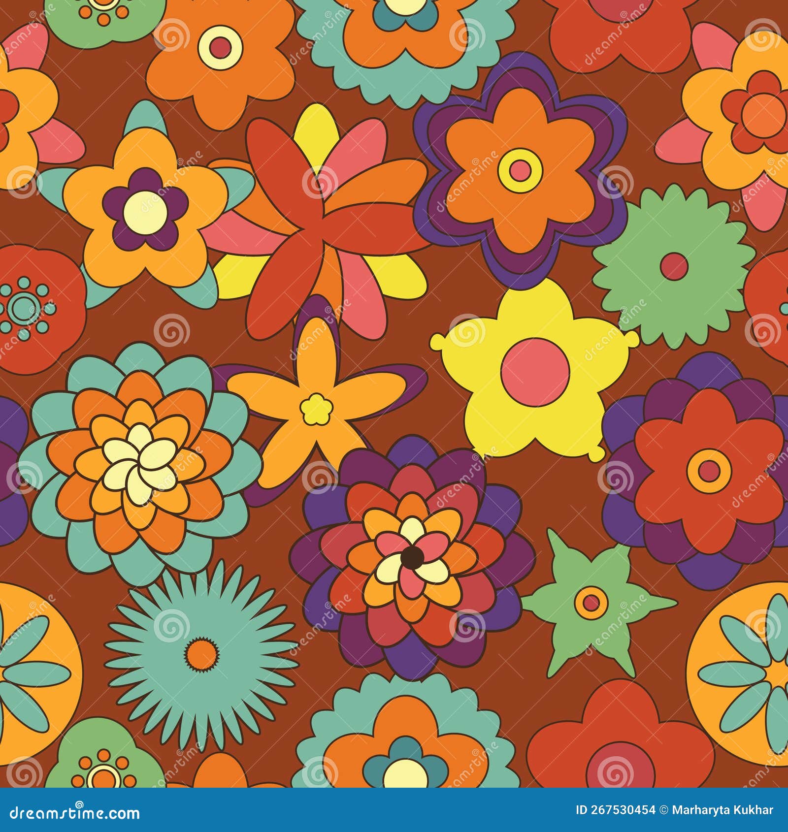 Seamless Pattern in Retro 1970 Peace Style. Floral Seventies Background ...