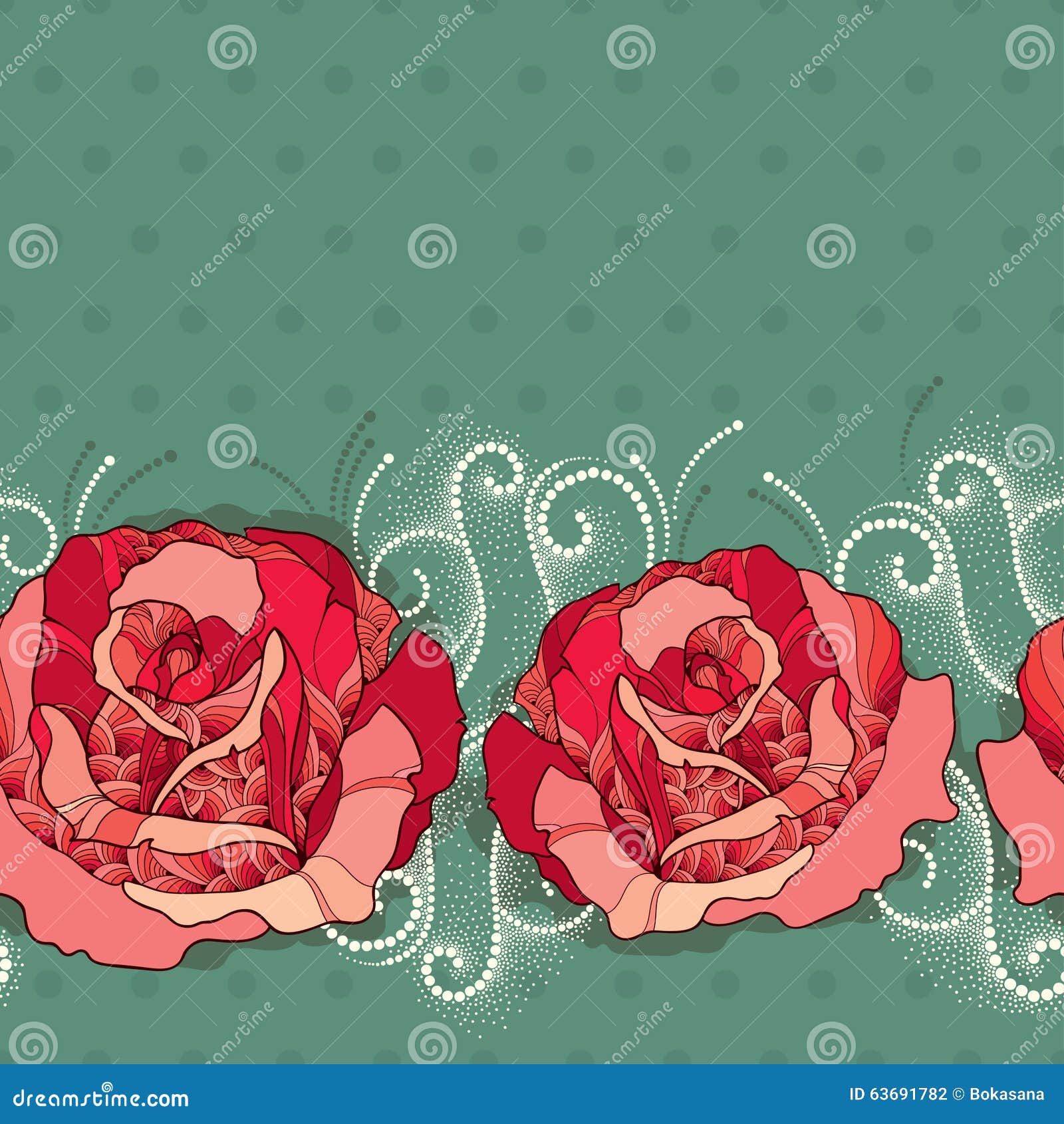 Seamless Pattern with Rose Flower in Red and Dots on the Green