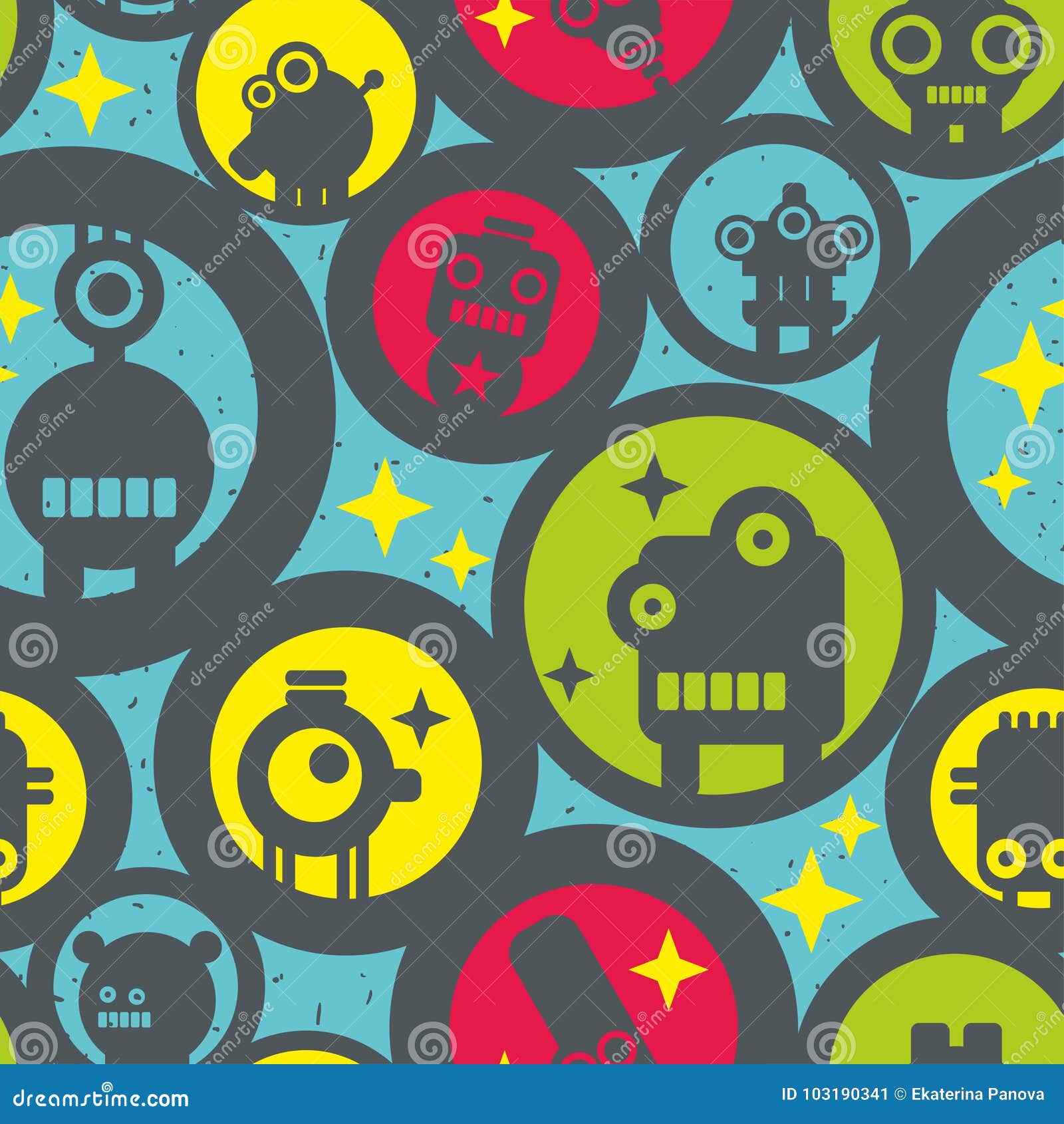 seamless pattern with round s and space robots.