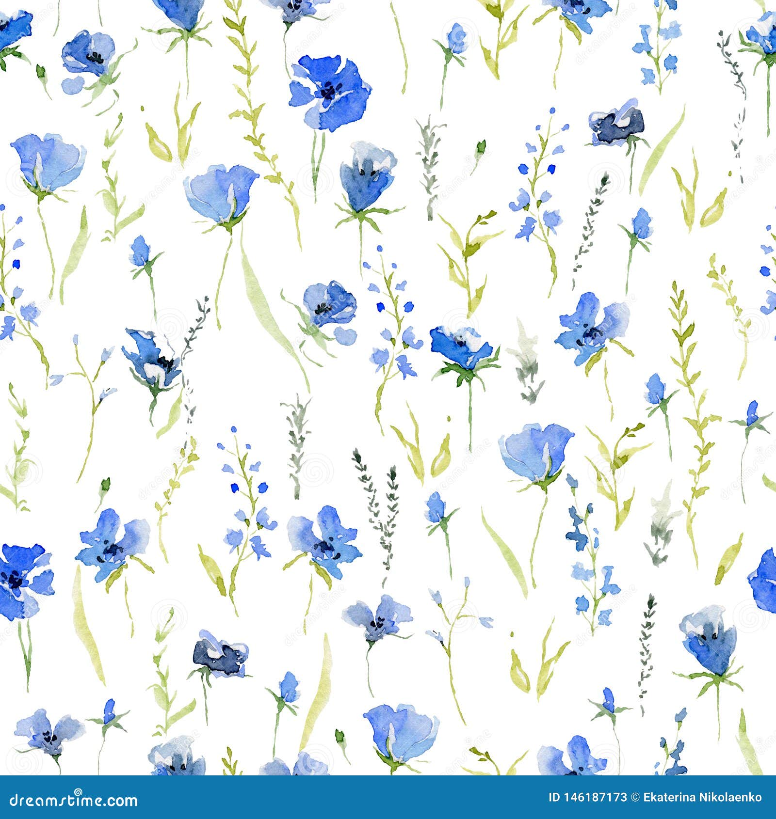 Seamless Pattern with Rustic Gentle Blue Flowers. Botanical Background