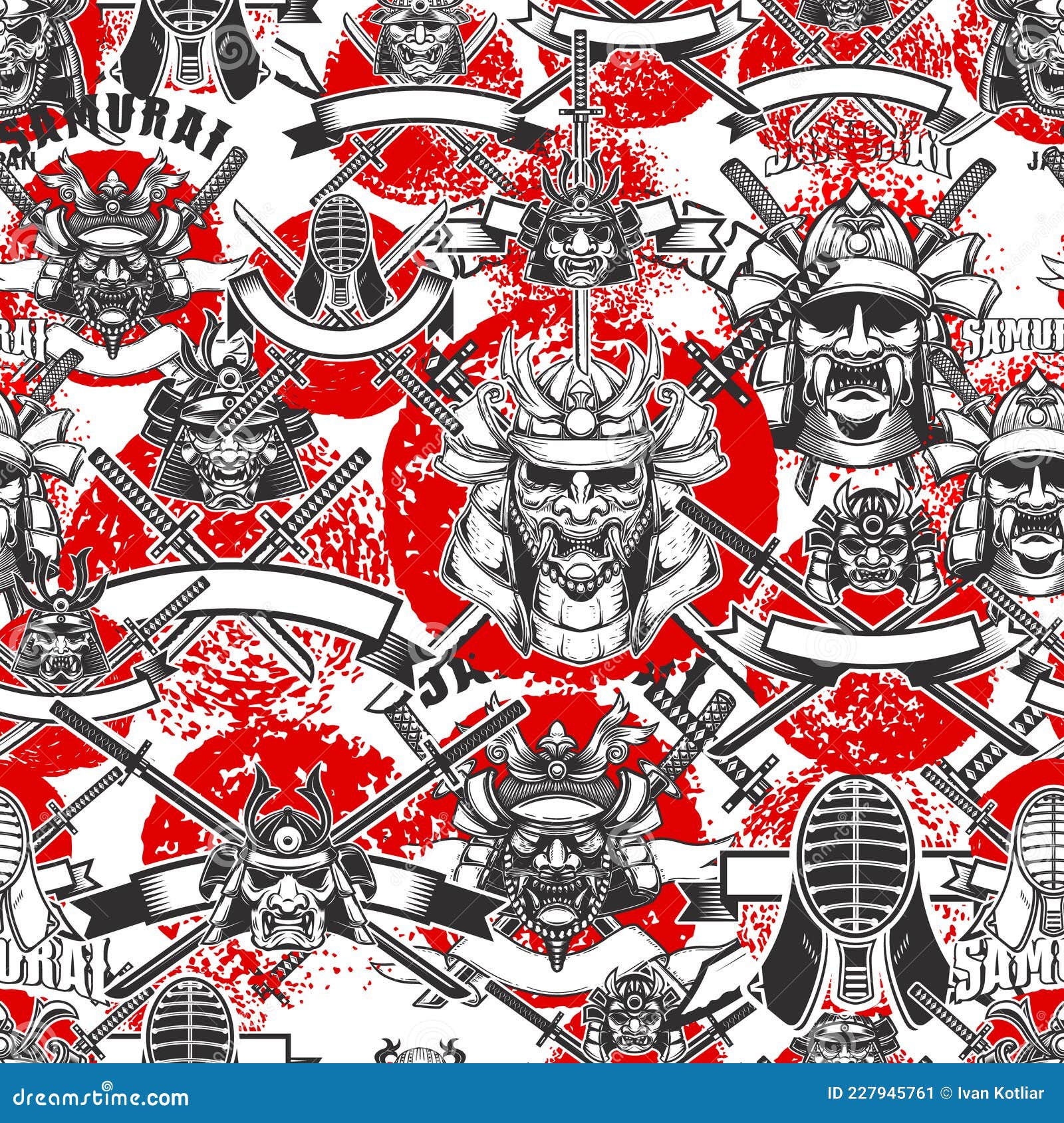 Seamless Pattern with Samurai Masks in Monochrome Style. Design Element