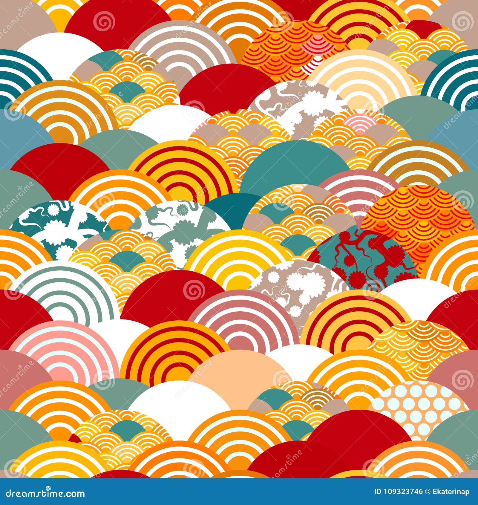 seamless pattern scales simple nature background with japanese sakura flower, rosy pink cherry, wave circle pattern orange red bur