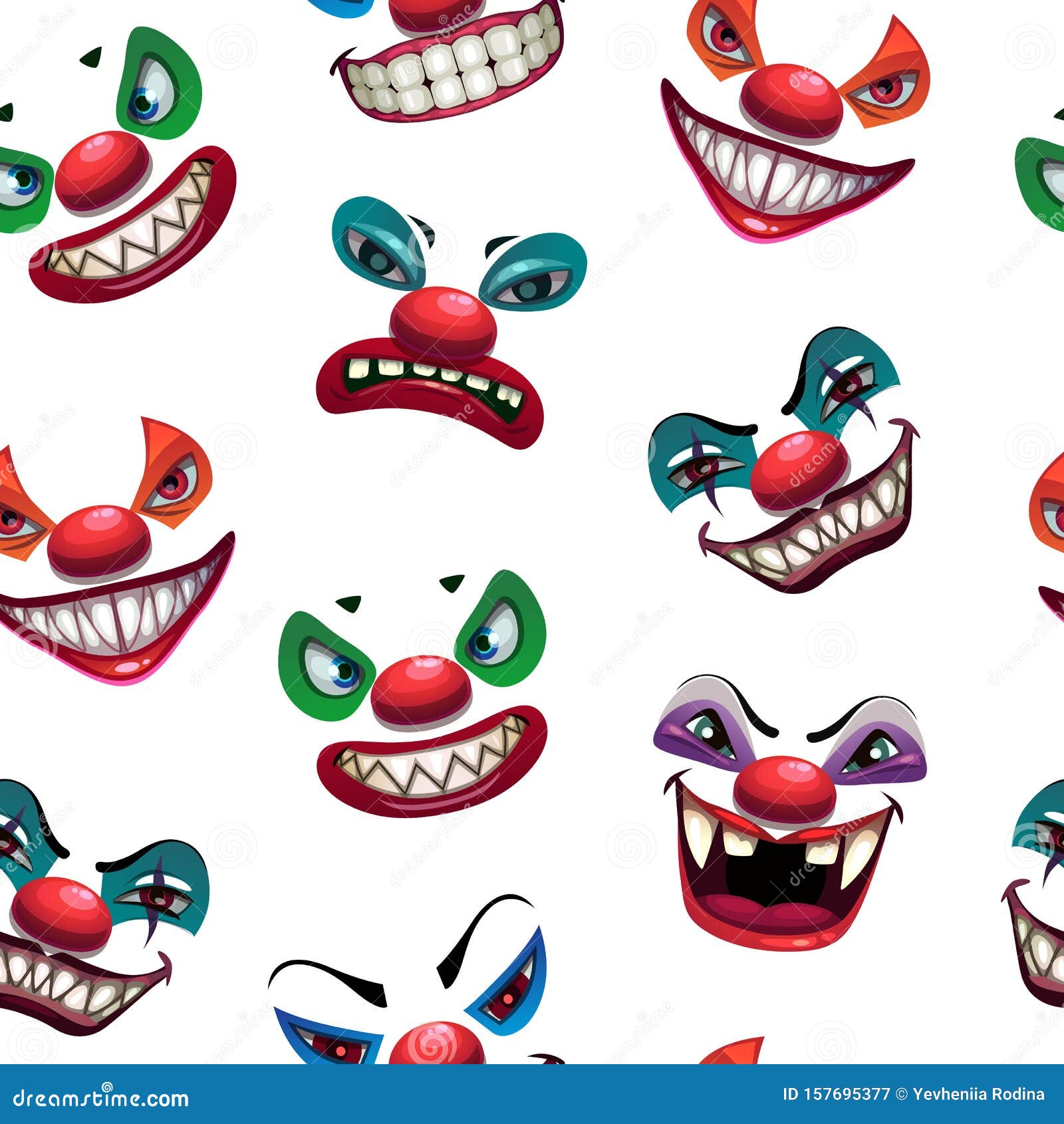 seamless pattern with scary clown faces on the white background.