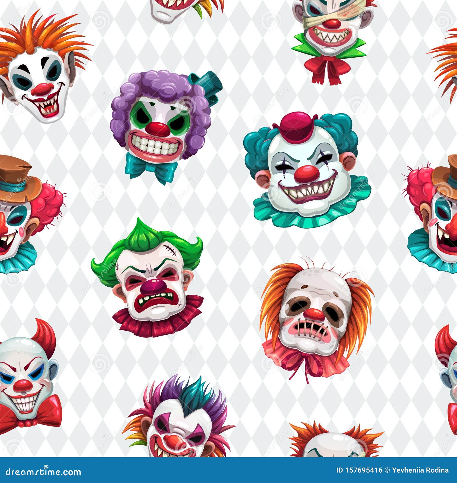 seamless pattern with scary clown faces on the white background.