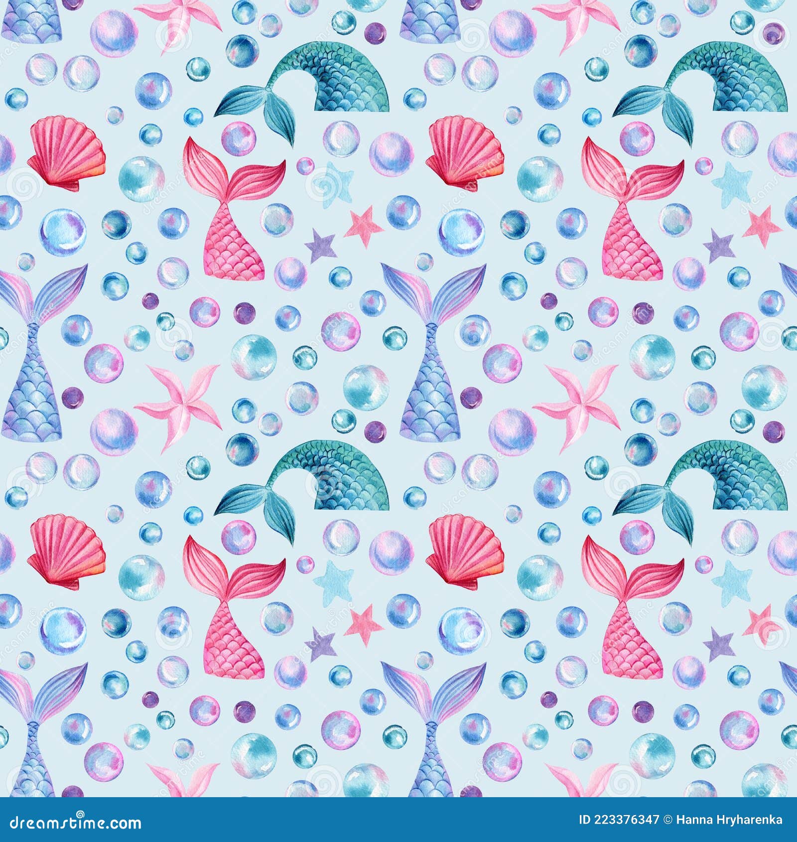Seamless Pattern, Sea Background with Mermaid Tails, Bubbles, Seashells,  Starfish, Watercolor Drawing Stock Illustration - Illustration of blue,  magic: 223376347