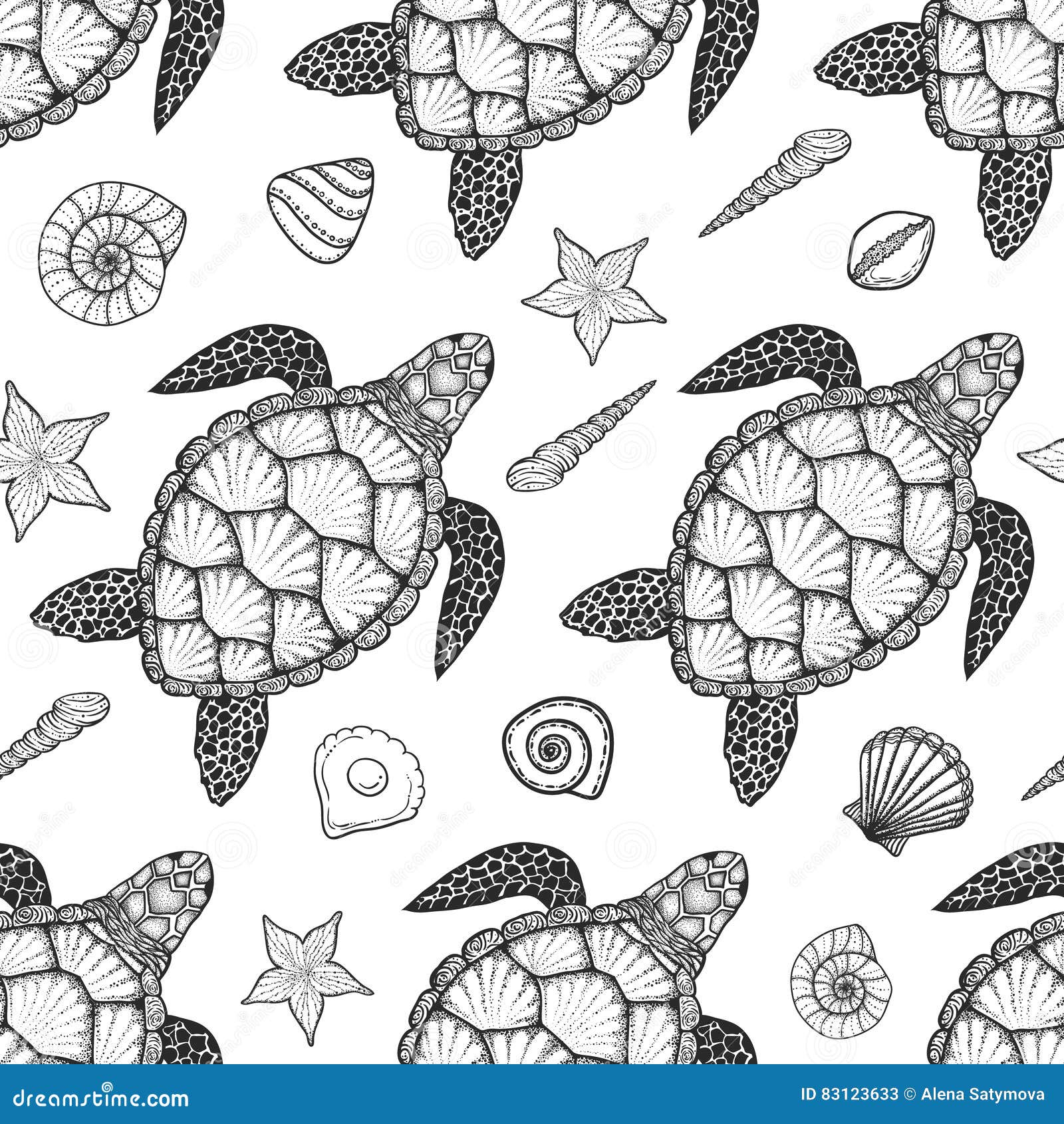 seamless pattern with sea turtle and shells in line art style. hand drawn  . ocean s