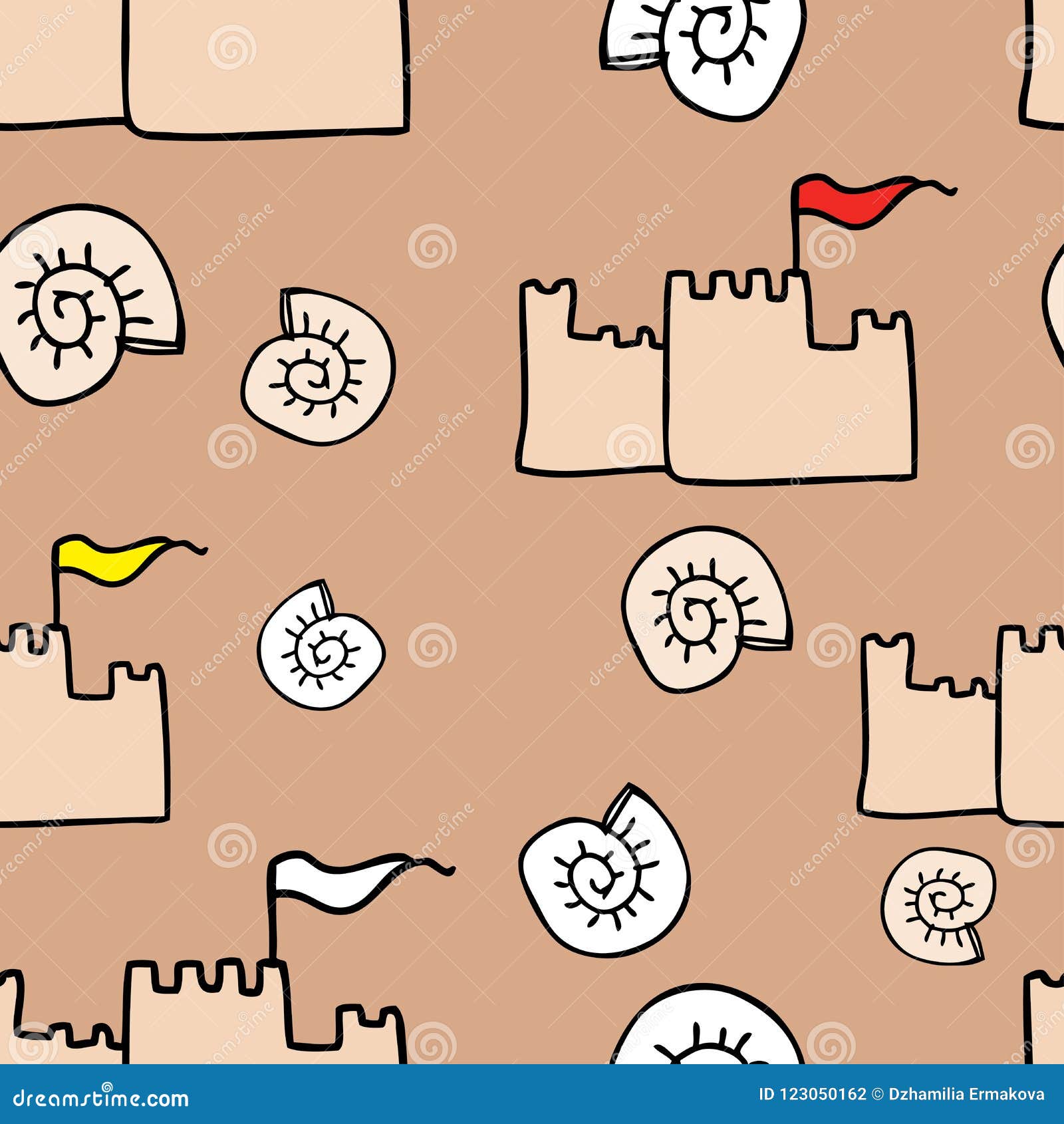 Vector Background of Sand Castles and Seashells Stock Vector