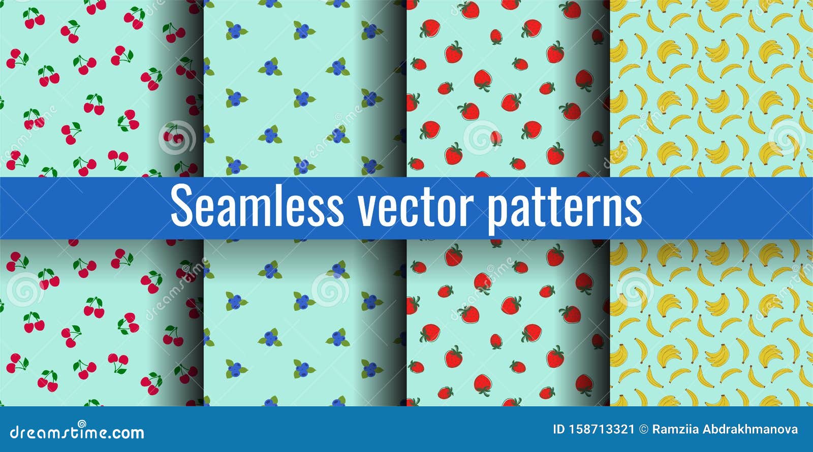 Seamless Pattern Set. Cherry, Blueberry, Strawberry, Banana. Exotic