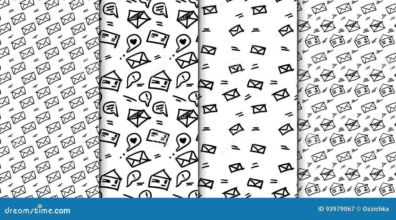 seamless pattern set with hand drawn sketchy letters. backround with doodled envrlopes. momochrome minimalistic