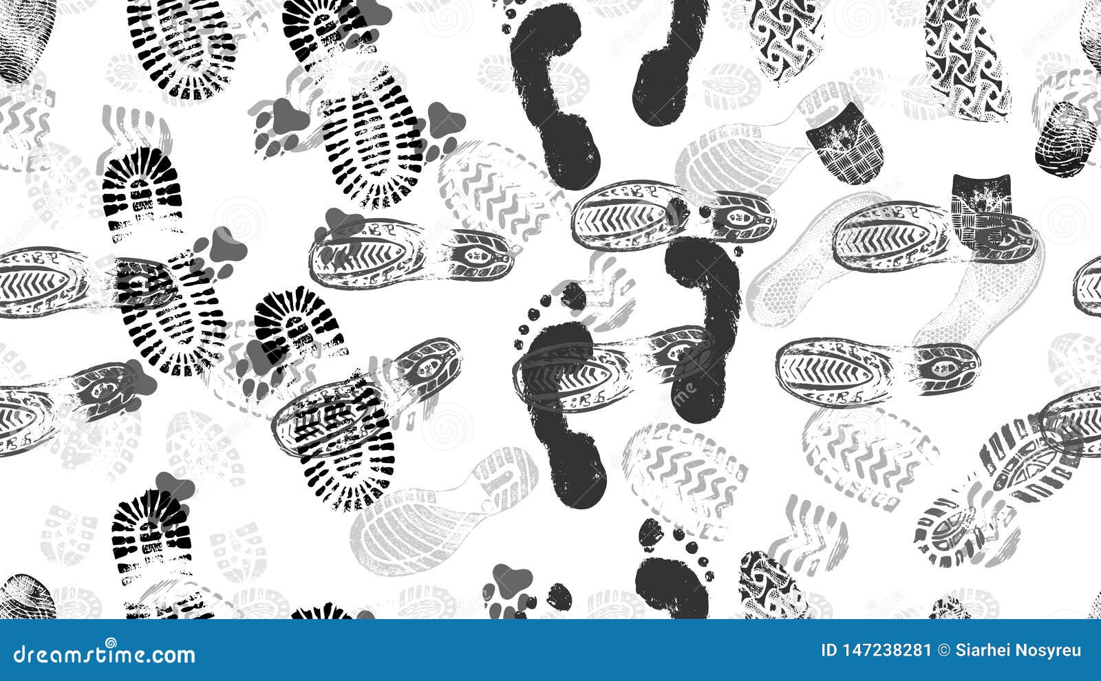 Seamless Pattern of Shoe Prints and Bare Feet of Man and Footprints of