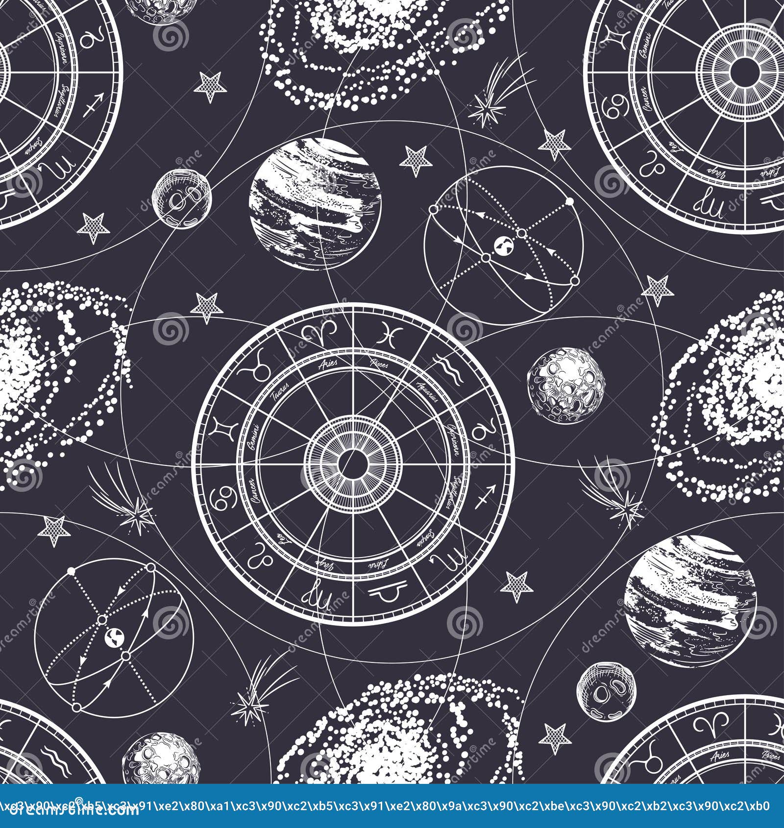seamless pattern. signs of the zodiac, ecliptic, stars, galaxies and planets.