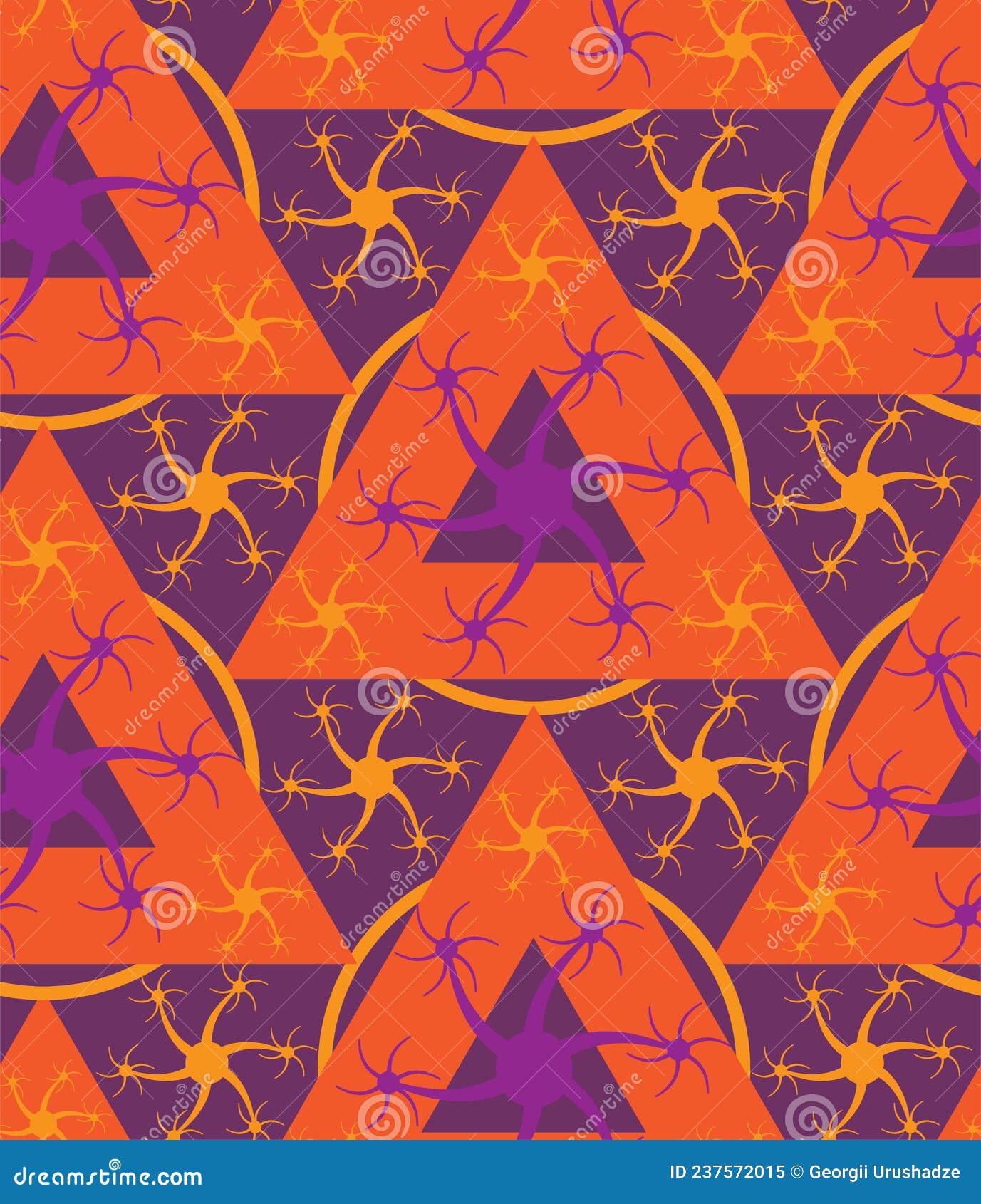 seamless pattern, six-beam symmetry, abstract objects consisting of triangles, circles and tentacles.  image