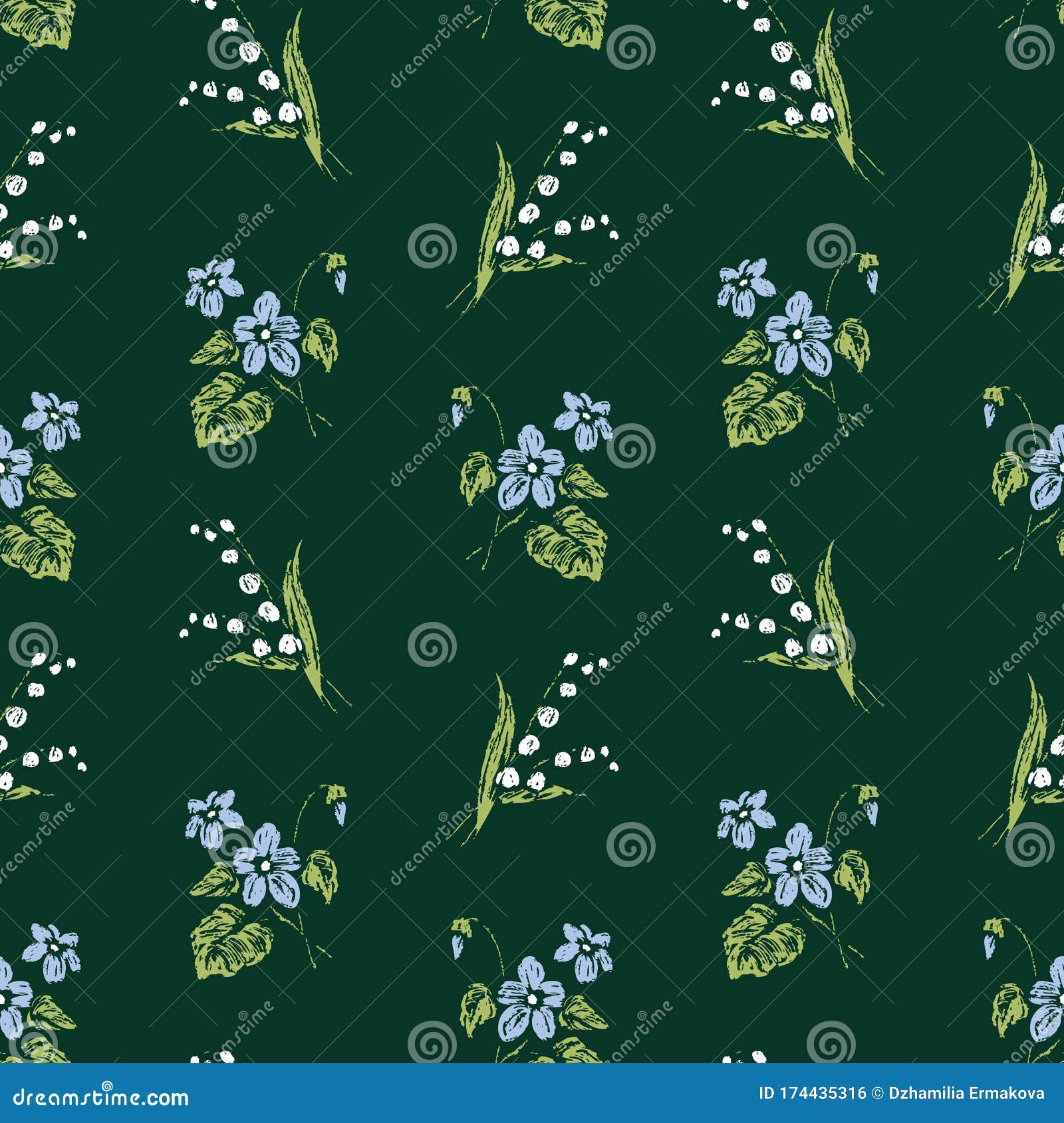 seamless pattern of sketches lillies of the valley and forest violets