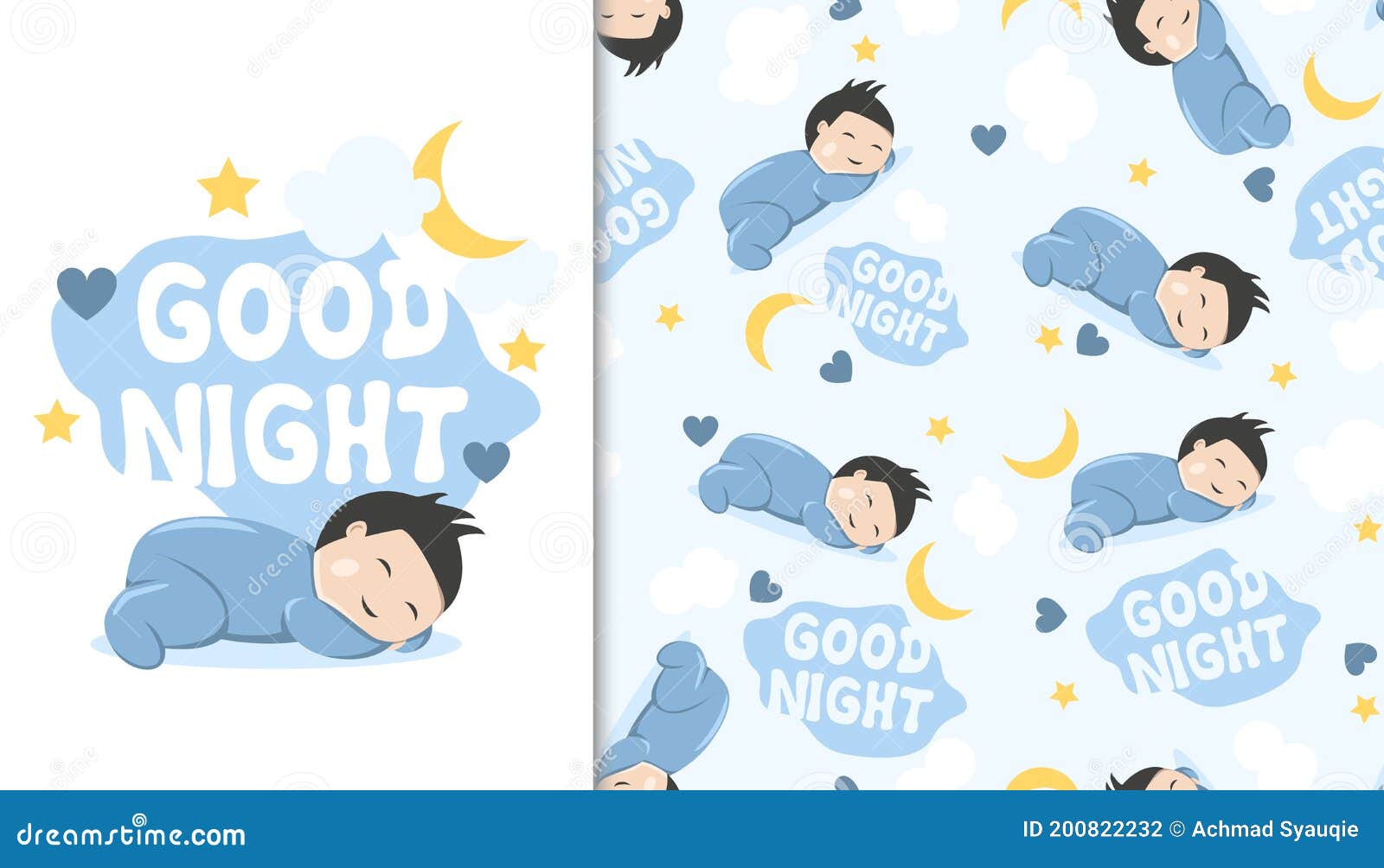Seamless Pattern with Sleeping Cute Baby Boy and `Good Night ...