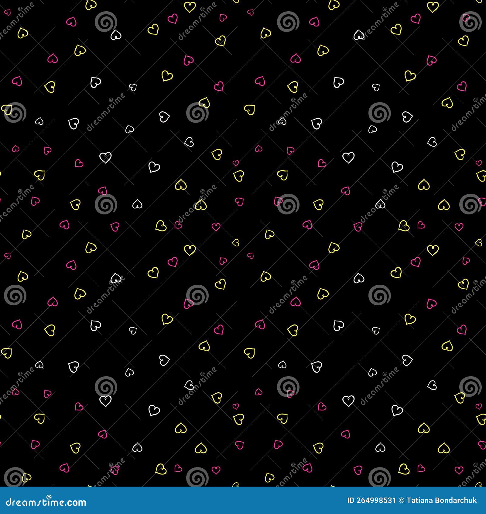Seamless Pattern with Small White, Pink and Yellow Hearts on a Black