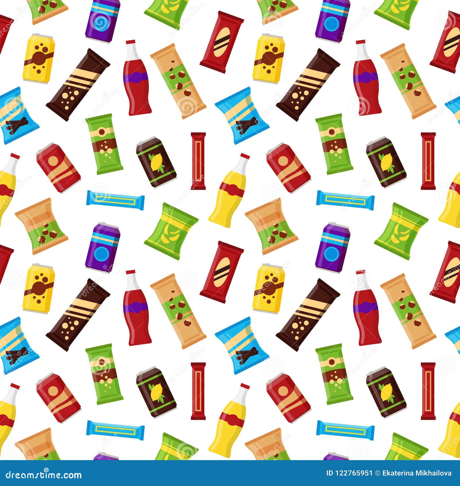 seamless pattern snack product for vending machine. fast food snacks, drinks, nuts, chips, juice for vendor machine bar