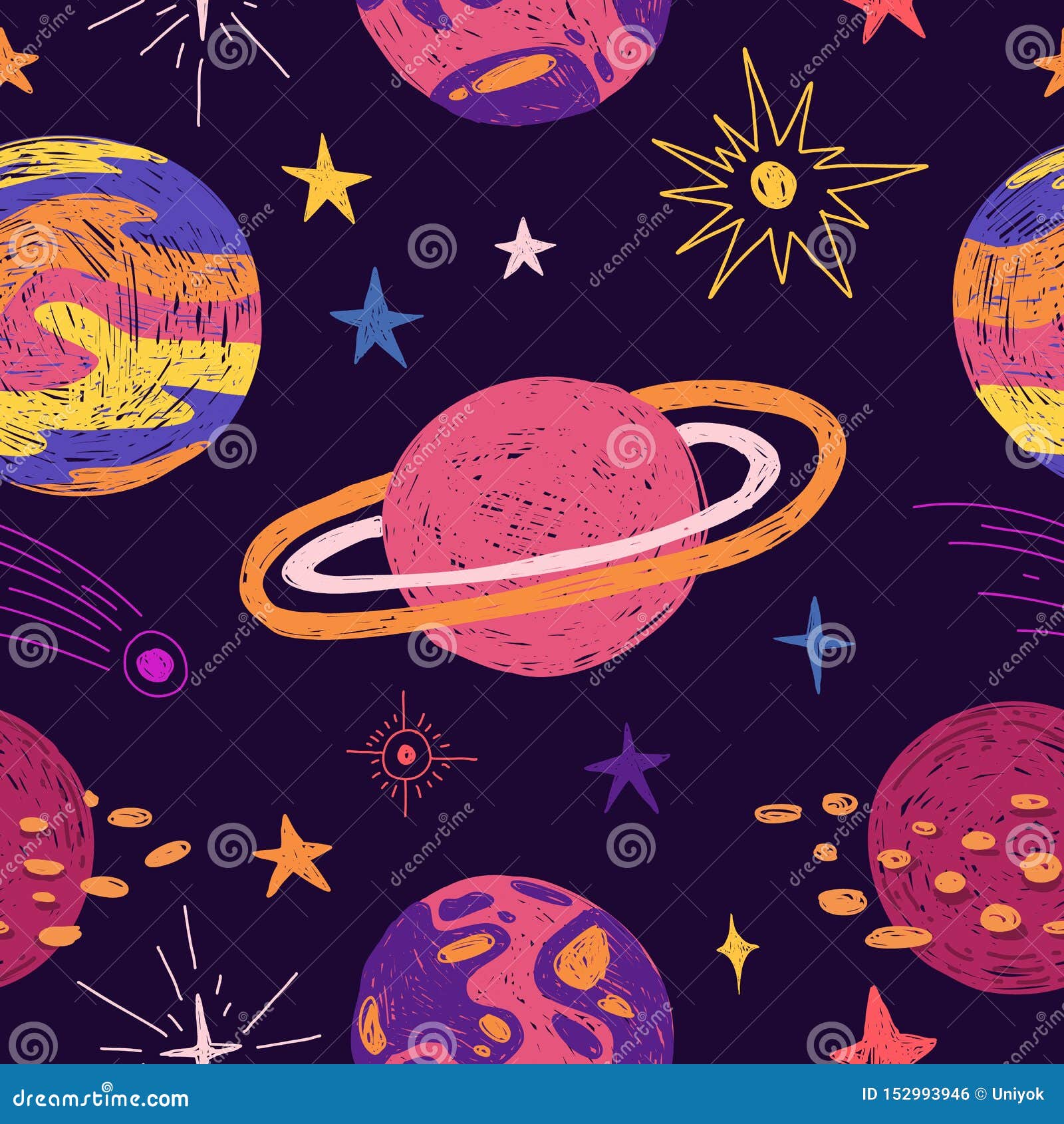 Seamless Pattern with Space Elements. Cartoon Style Wallpaper with Planets  and Cosmic Star Stock Vector - Illustration of pattern, cartoon: 152993946