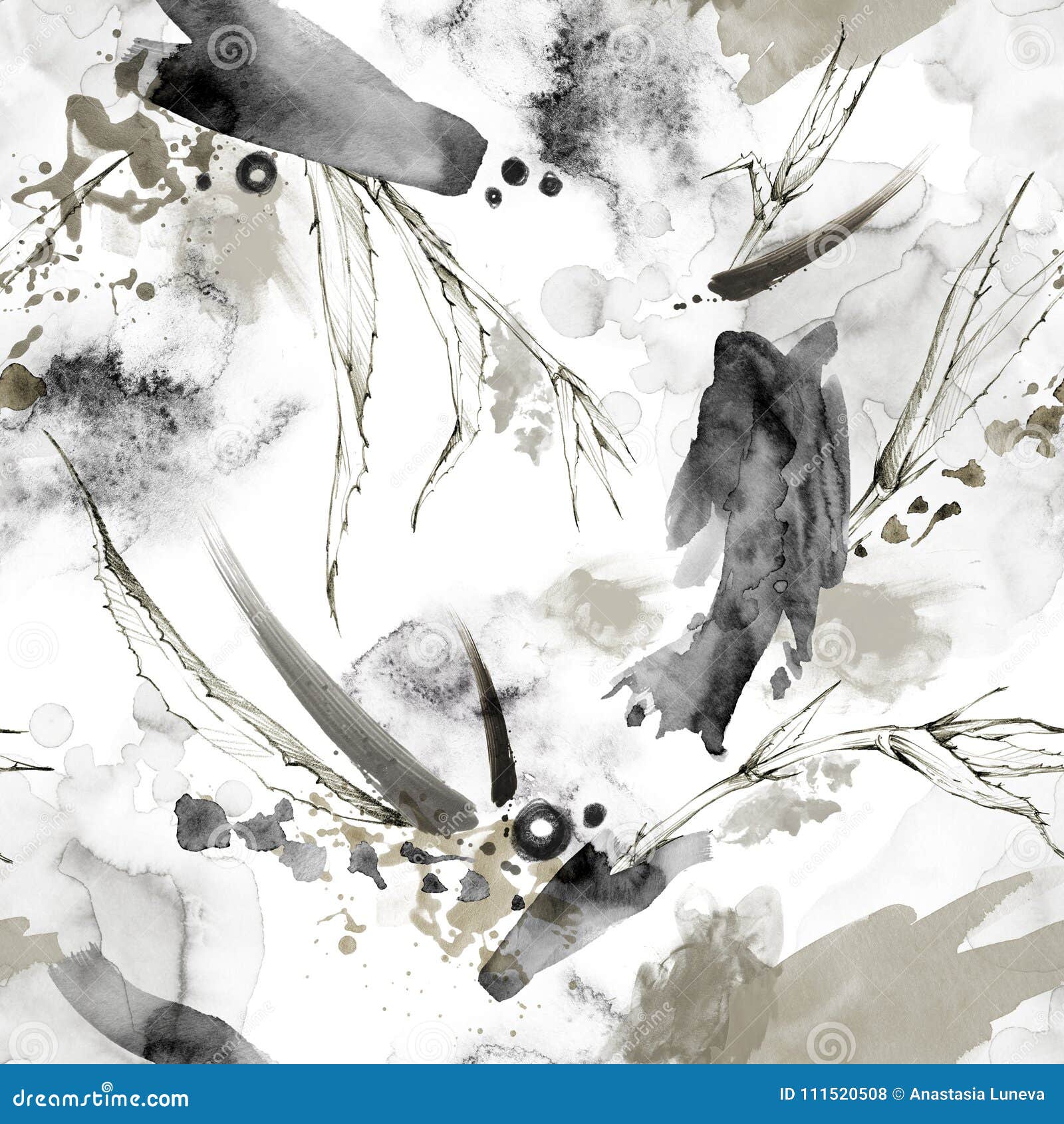 seamless pattern with splashes, smears and tropical leaves. abstract graphic . modern texture in beige