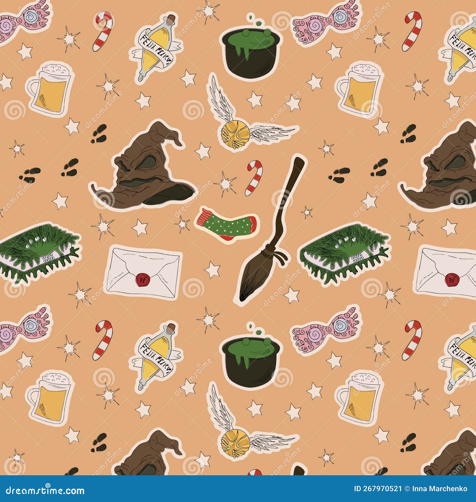 seamless pattern with stickers with magic items