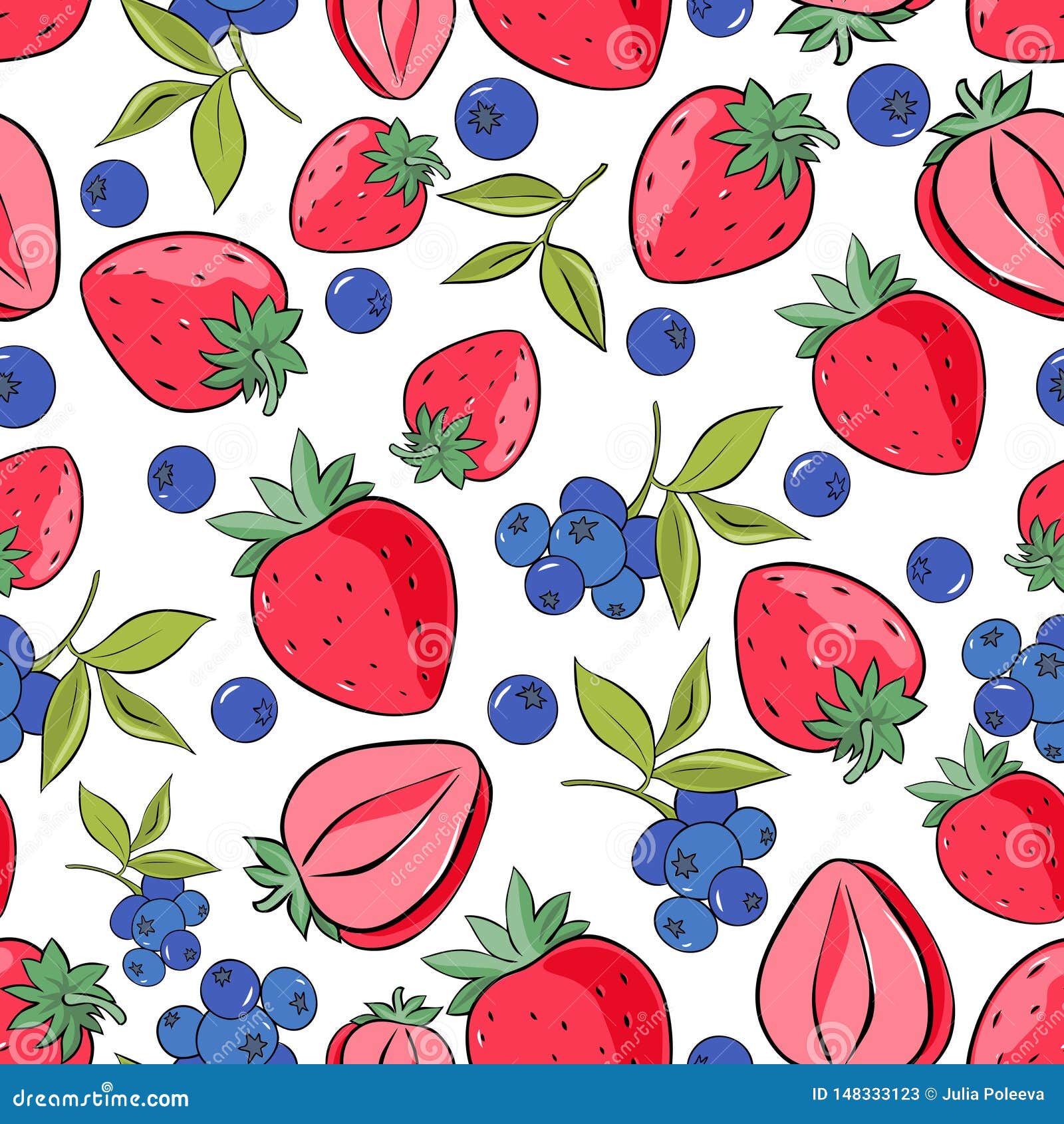 Seamless Pattern of Strawberry and Blueberry on White Background