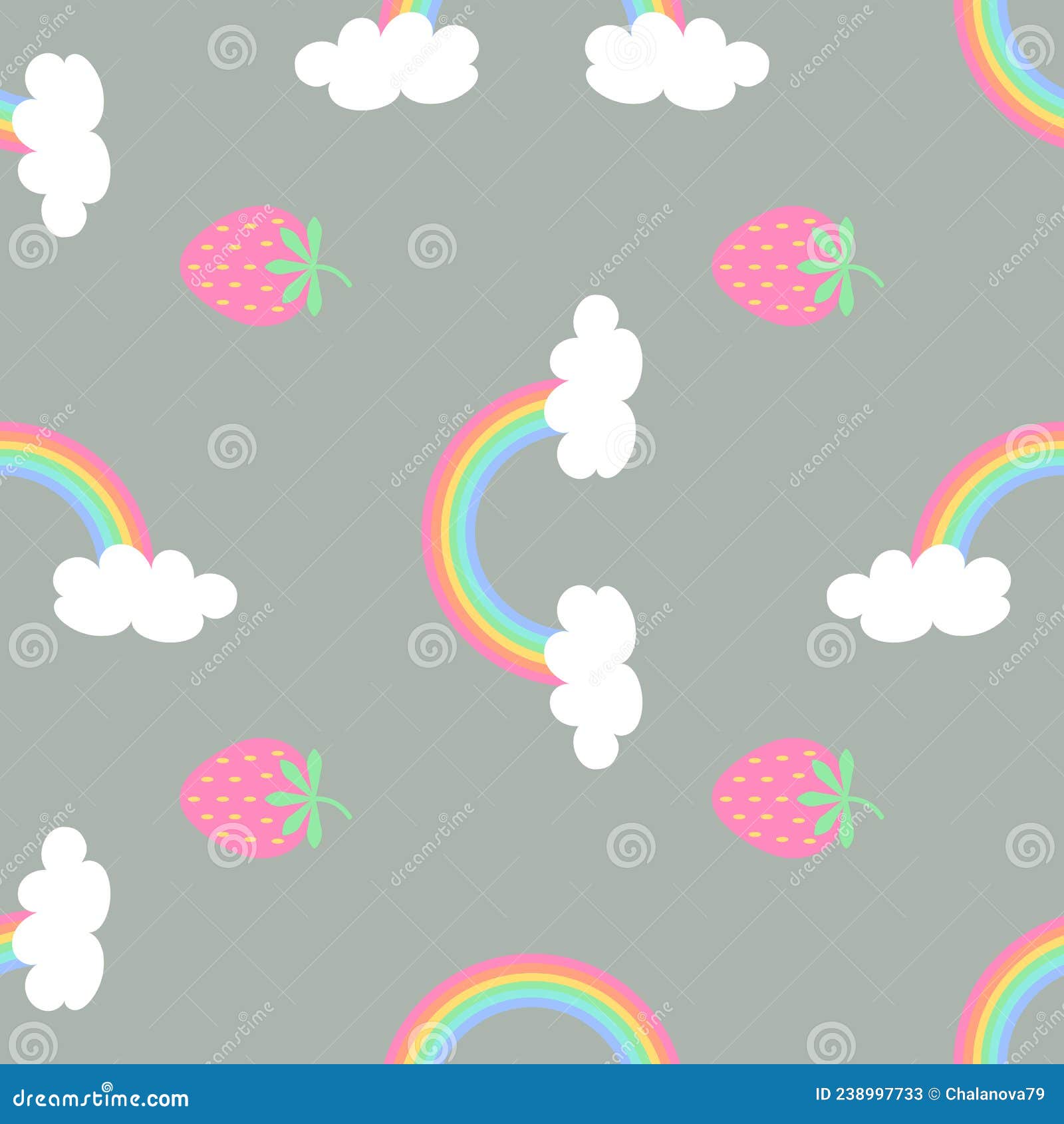 Seamless Pattern with Strawberry and Rainbow, Summer Background. Vector