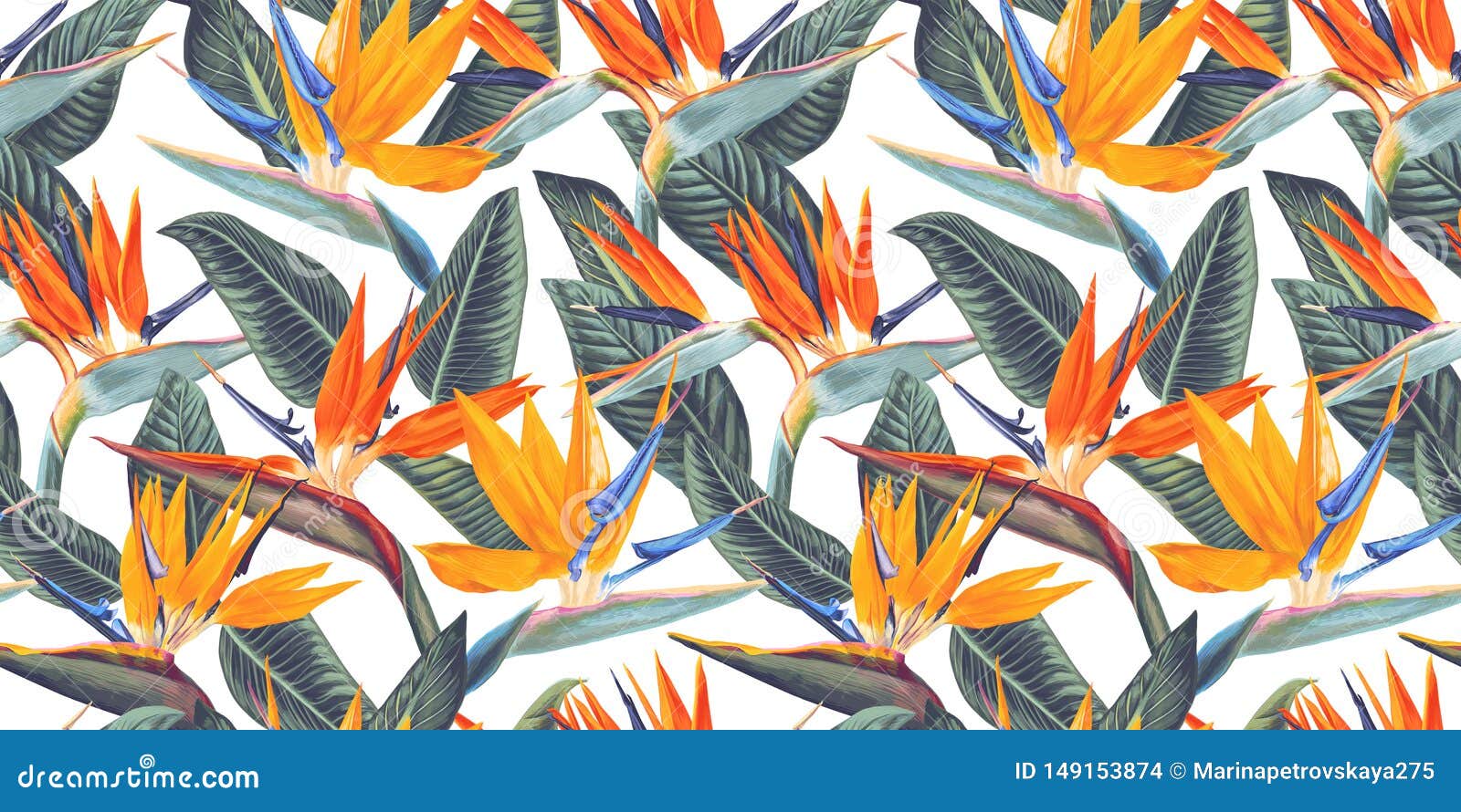 pattern with tropical flowers and leaves of strelitzia, called crane flower or bird of paradise.